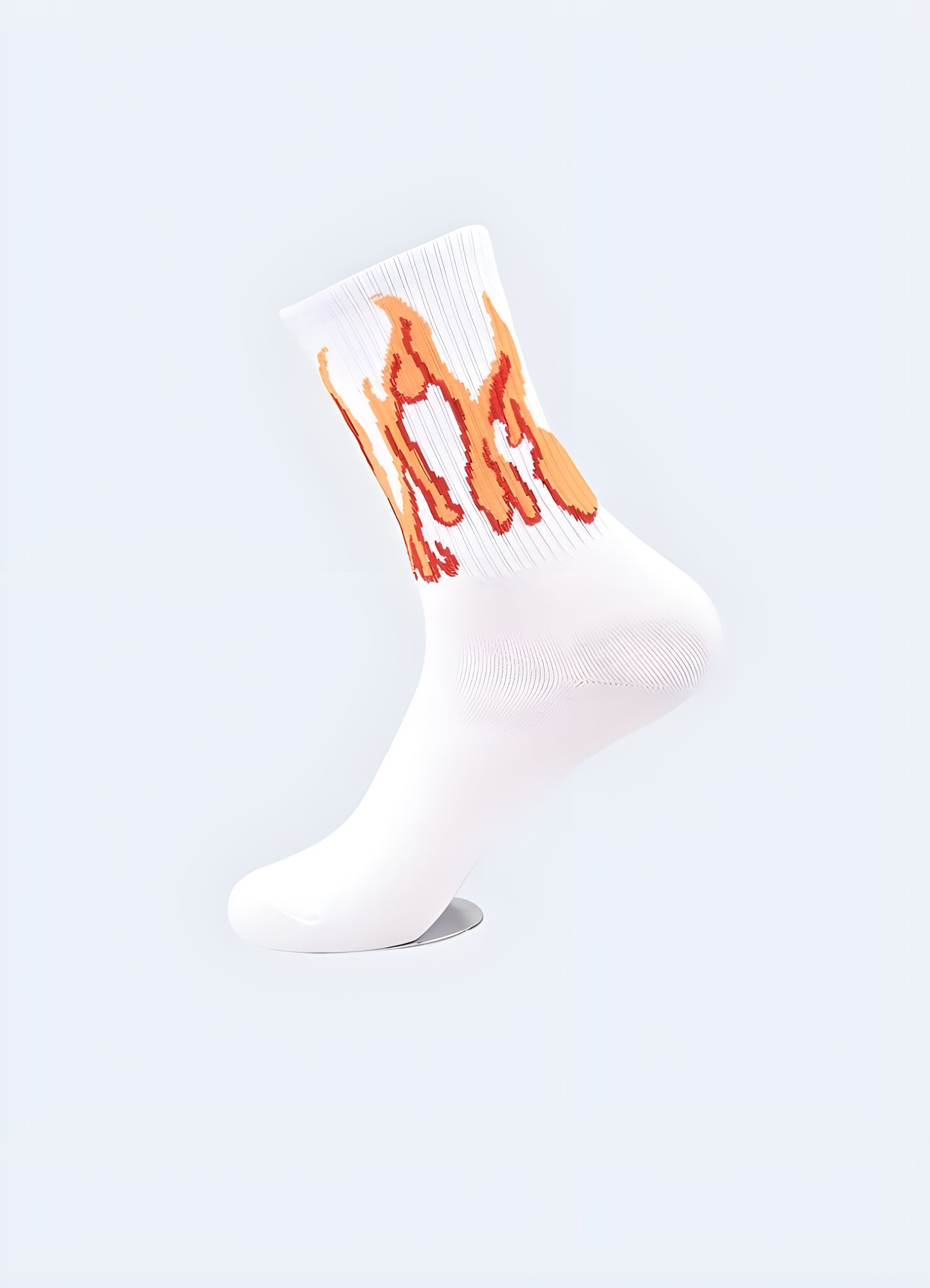white socks with striking flame designs, displayed from the side view, highlighting the trendy and daring style that caters to the tastes of Canada streetwear fans.