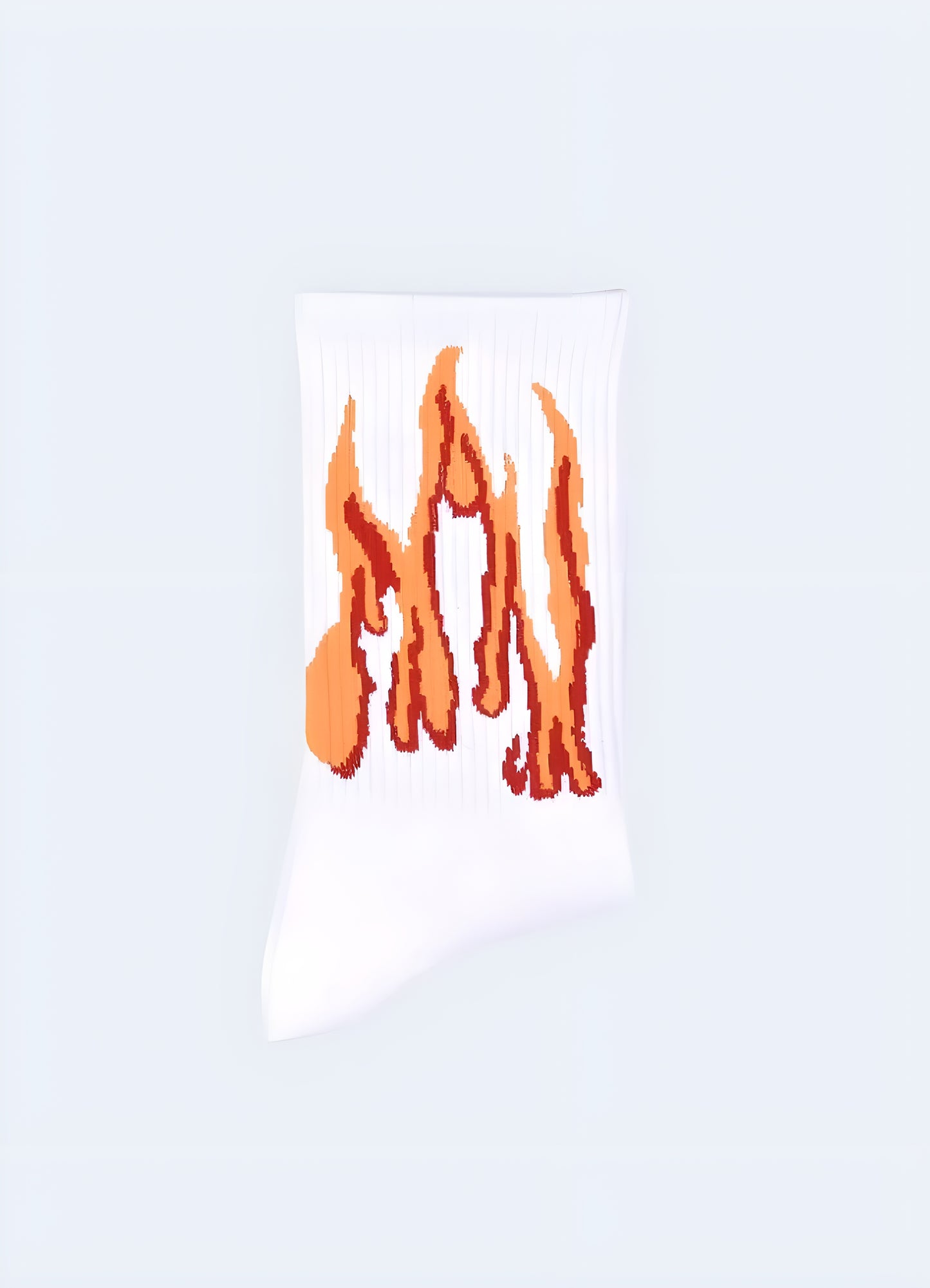 Side view of white socks featuring vibrant flame patterns, showcasing the eye-catching design that appeals to Canada fashion enthusiasts seeking a bold statement piece.