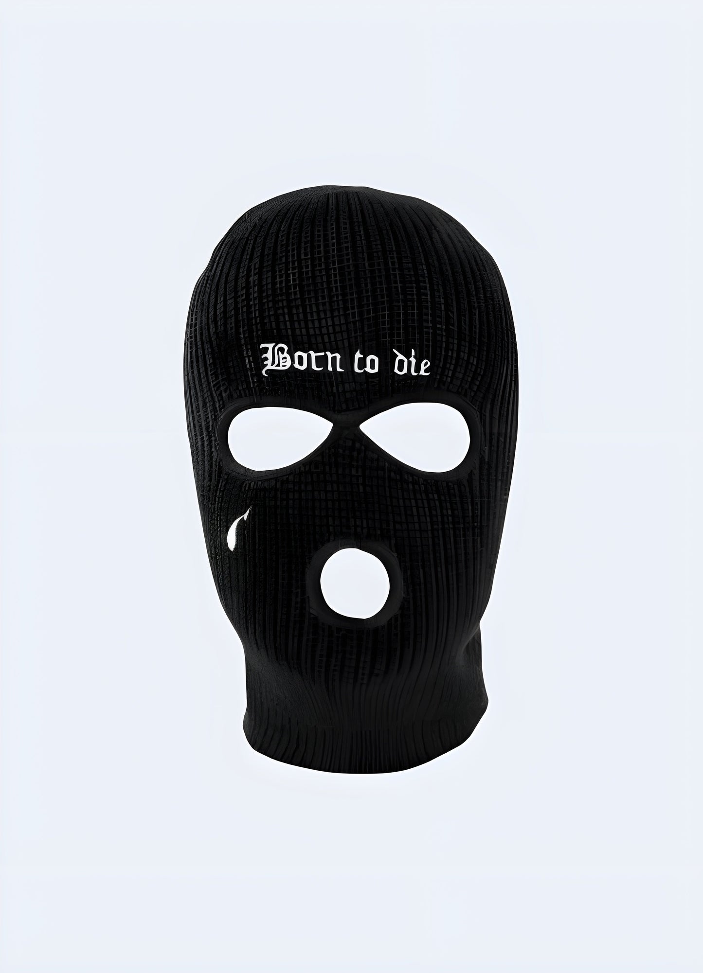 Front view of a black stealth balaclava hood featuring the bold 'Born to Die' print in Canada.