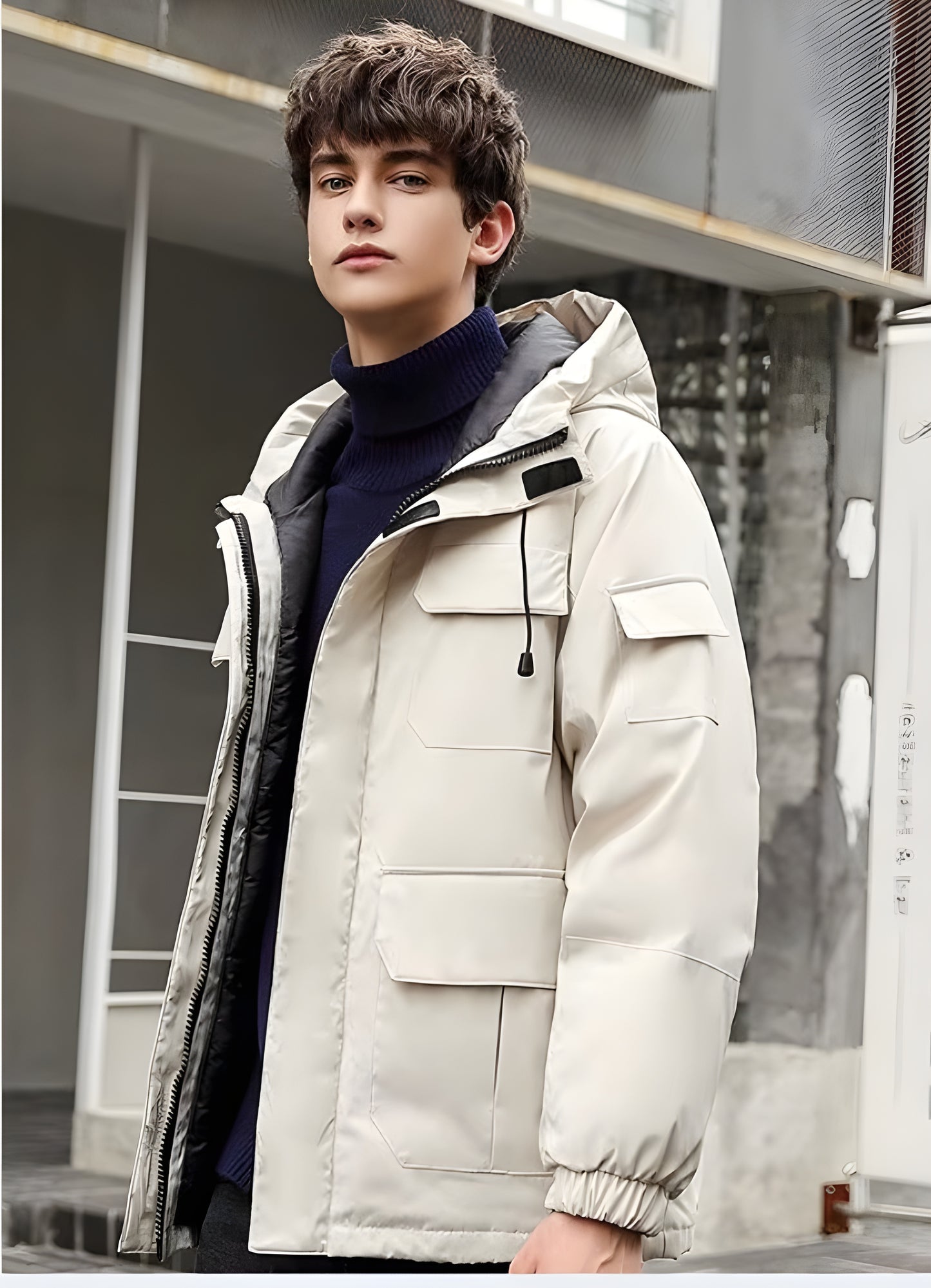 White streetwear puffer jacket side view Canada — modern padded winter jacket with clean minimalist urban style.