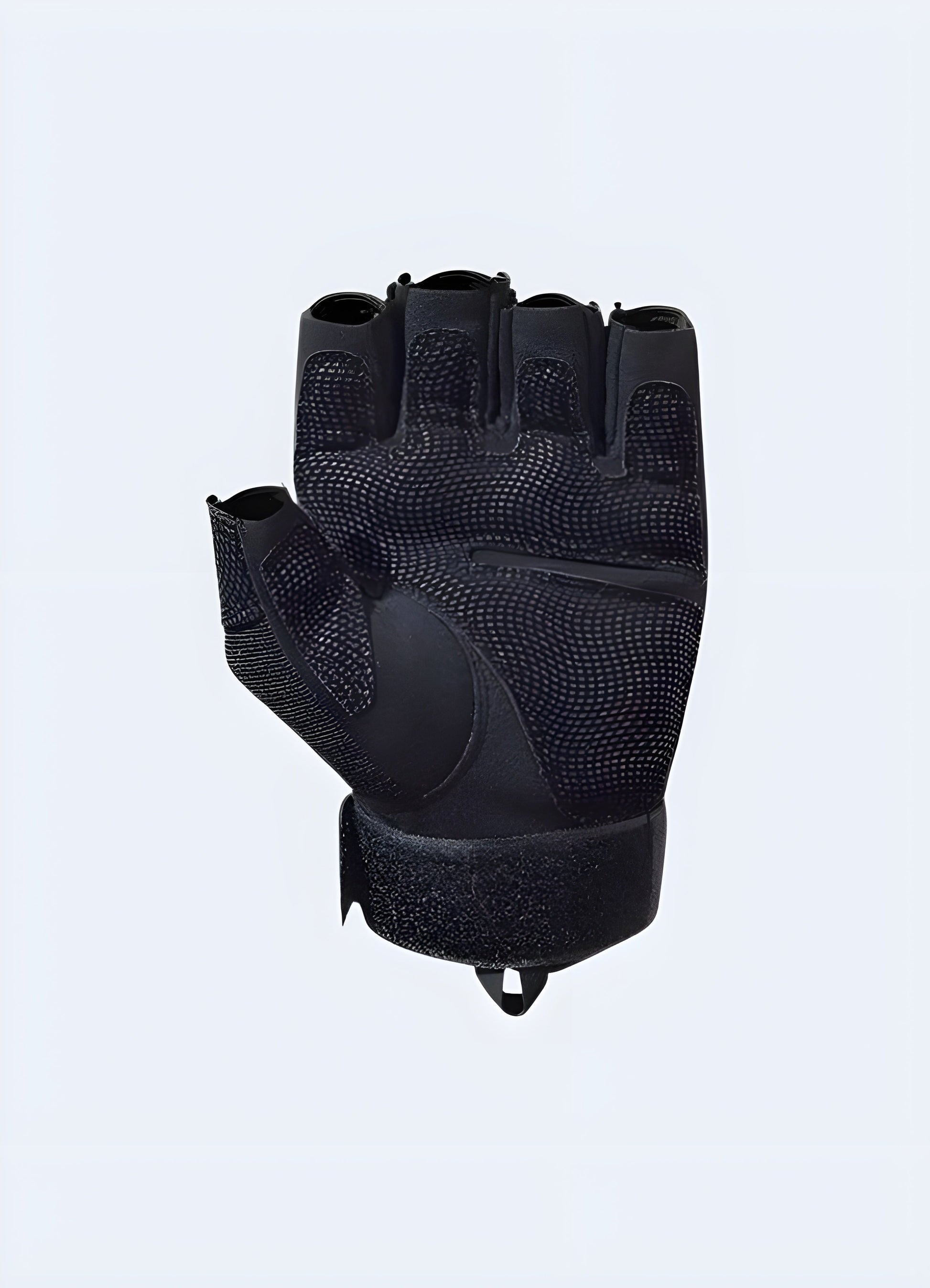 Inside view of fingerless techwear gloves highlighting the ergonomic padding and adjustable wrist strap for a secure fit Canada.