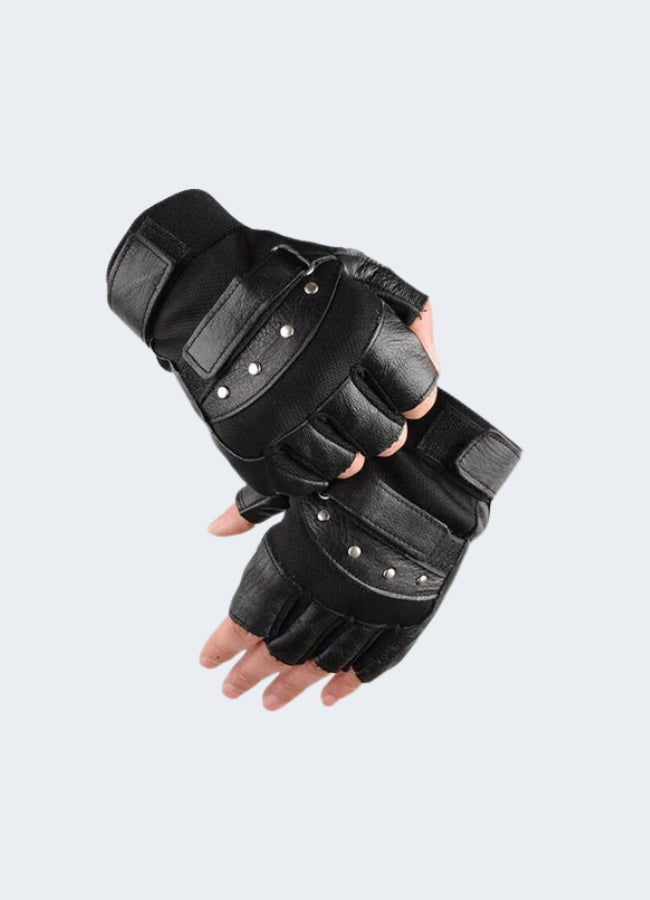 Model wearing black tactical fingerless leather gloves, front view, displaying a snug fit with adjustable wrist straps and sleek design Canada.