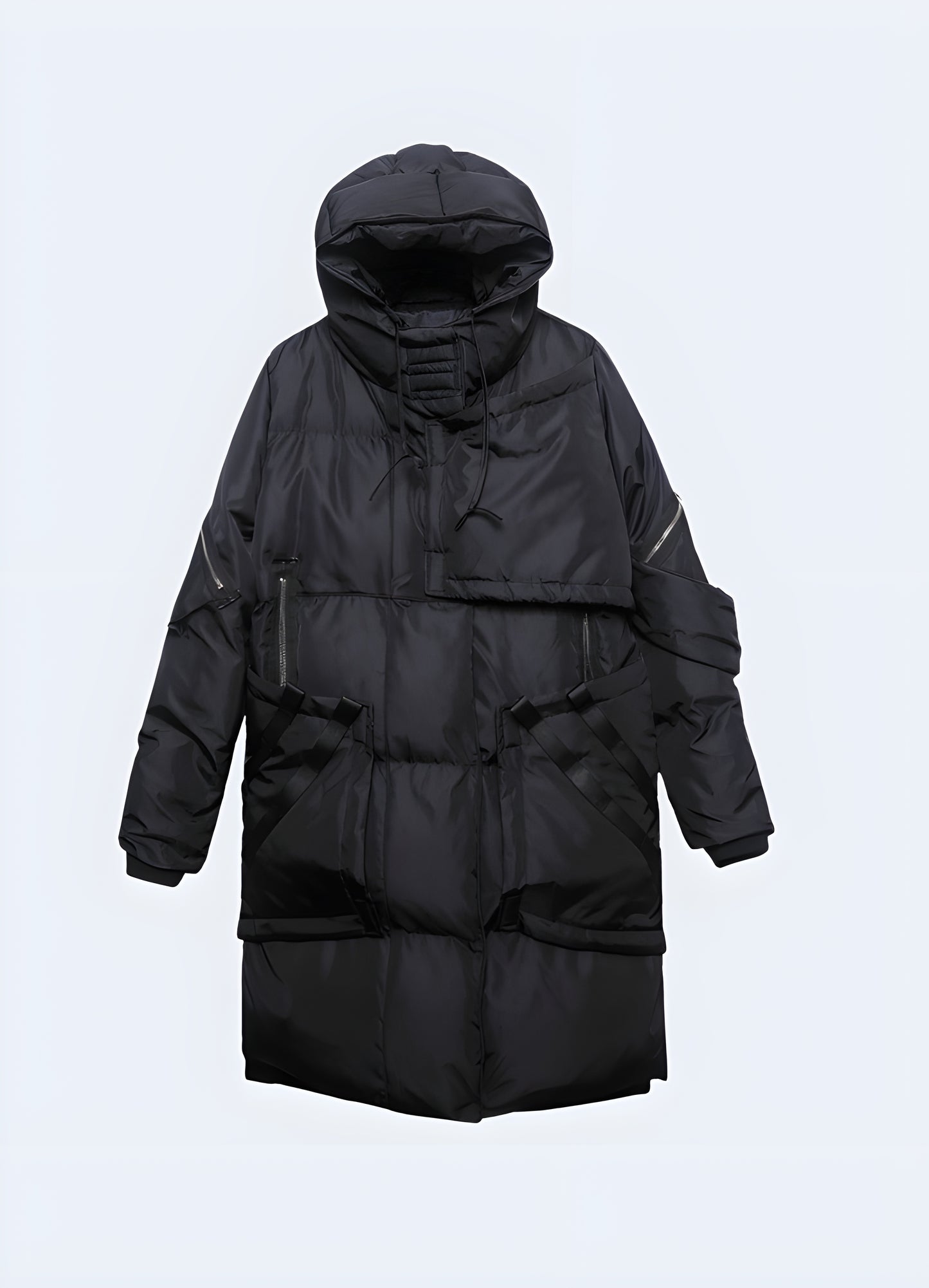 Front view of a black tactical warm jacket, featuring a rugged design and advanced insulation technology, perfect for Canadian outdoor enthusiasts and professionals who demand reliable performance in challenging winter conditions.