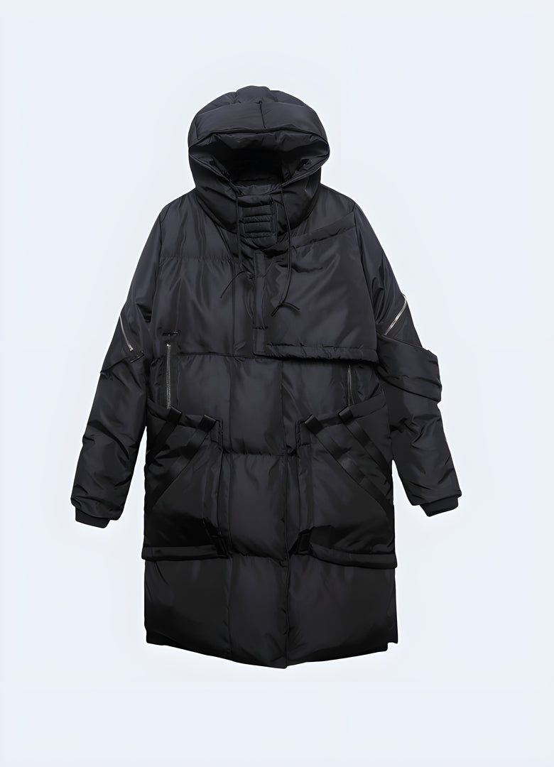Front view of a black tactical warm jacket, featuring a rugged design and advanced insulation technology, perfect for Canadian outdoor enthusiasts and professionals who demand reliable performance in challenging winter conditions.