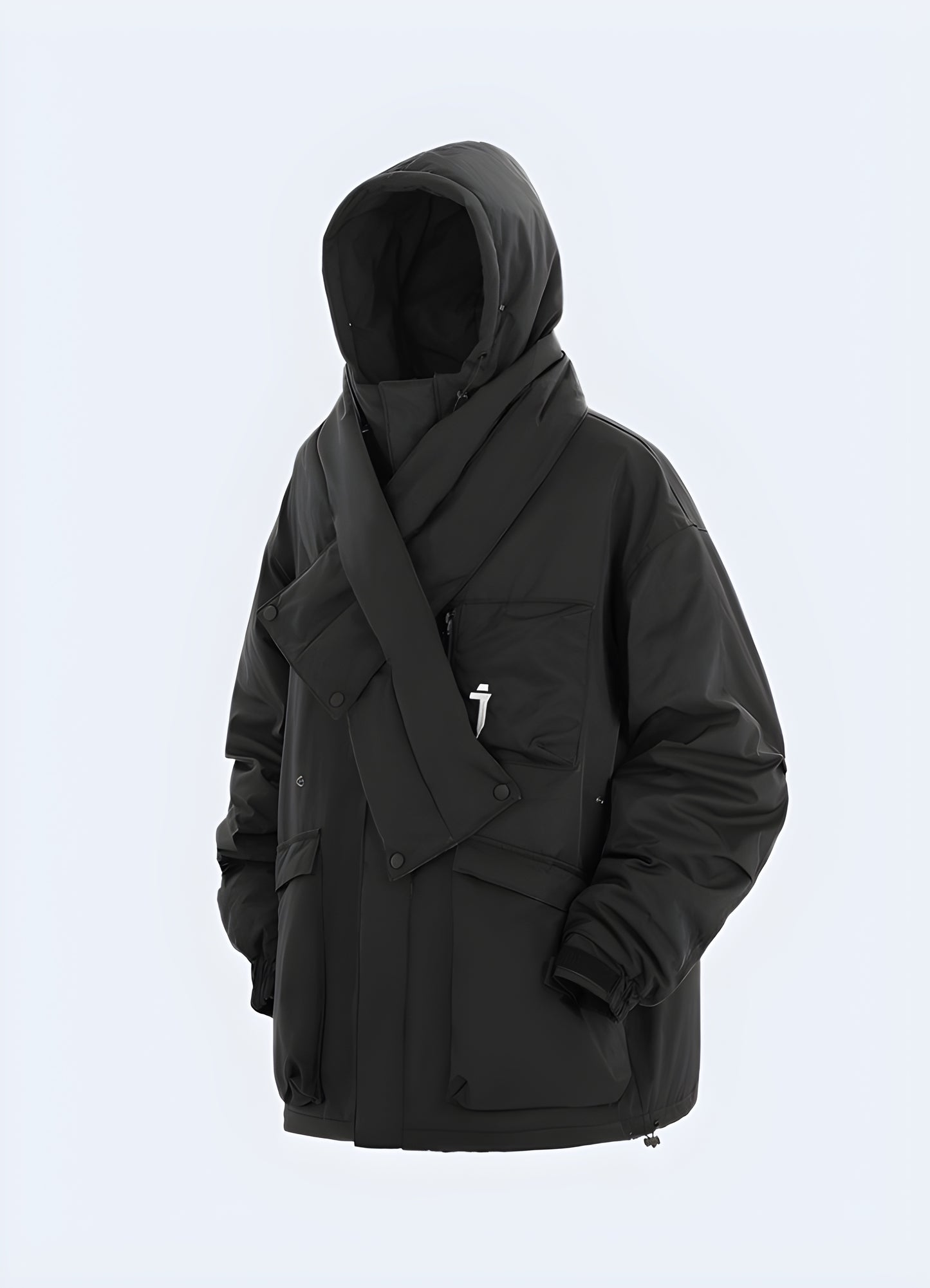 Front view of a waterproof black technical winter jacket showcasing its durable construction, multiple utility pockets, and sleek design, perfect for staying dry, comfortable, and stylish in Canada's coldest months and diverse environments.