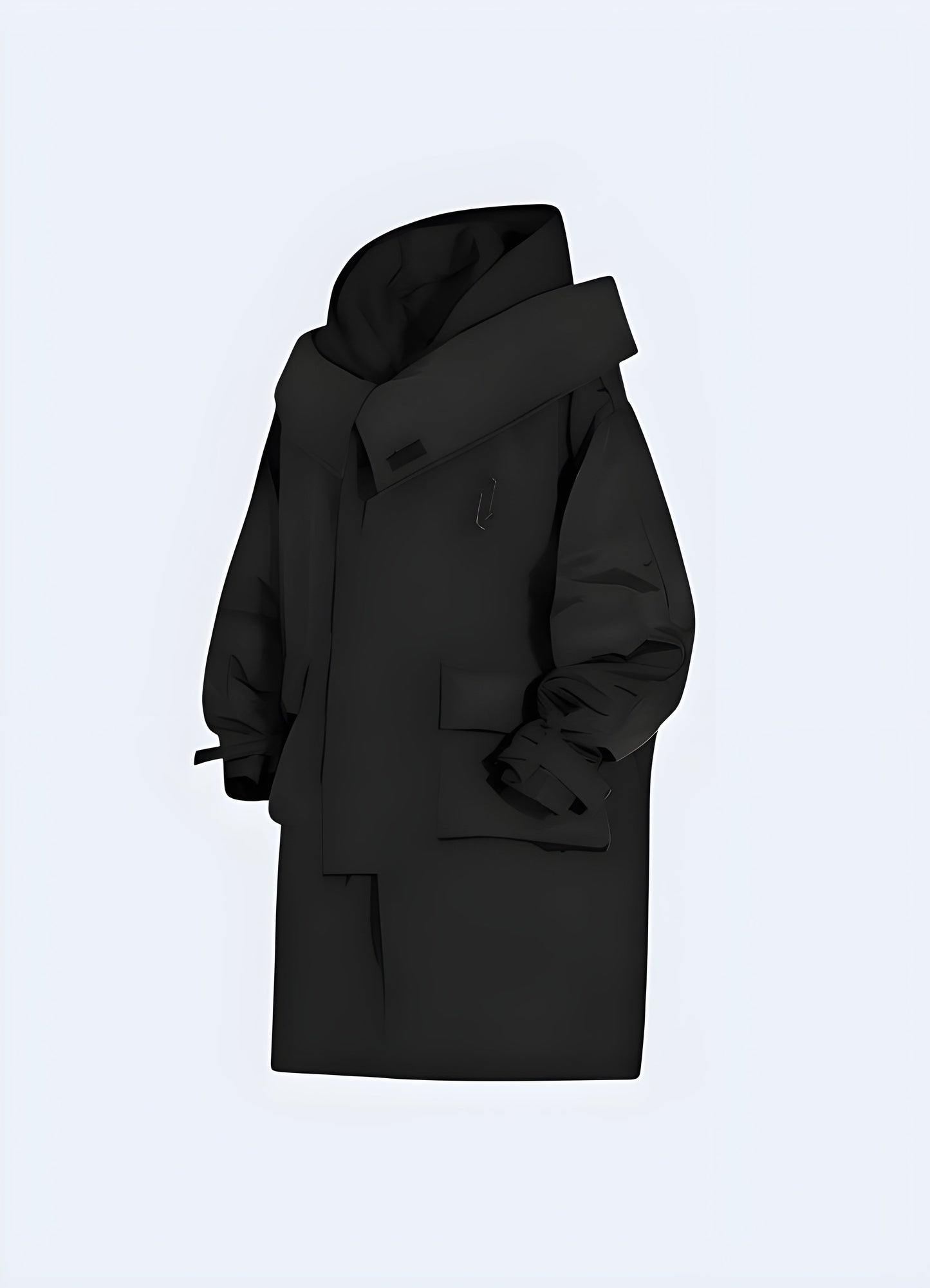 Front side view of a black techwear anorak, showcasing its sleek design and functional features, perfect for fashion-forward Canadians seeking versatile and high-performance outerwear.