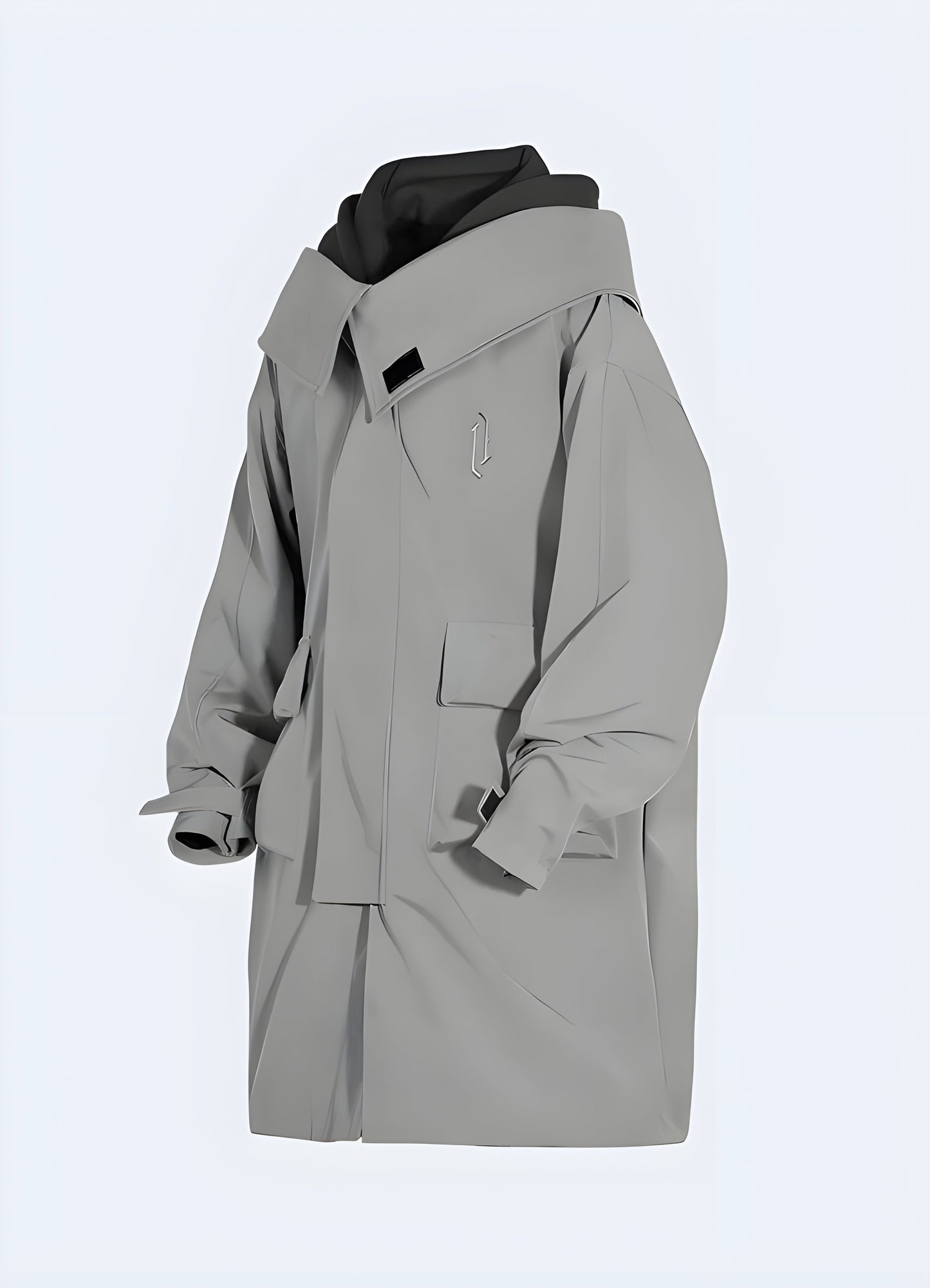 Front side view of a grey techwear anorak, featuring advanced technical materials and a modern silhouette, perfect for Canadians who demand both function and fashion in their everyday wear.