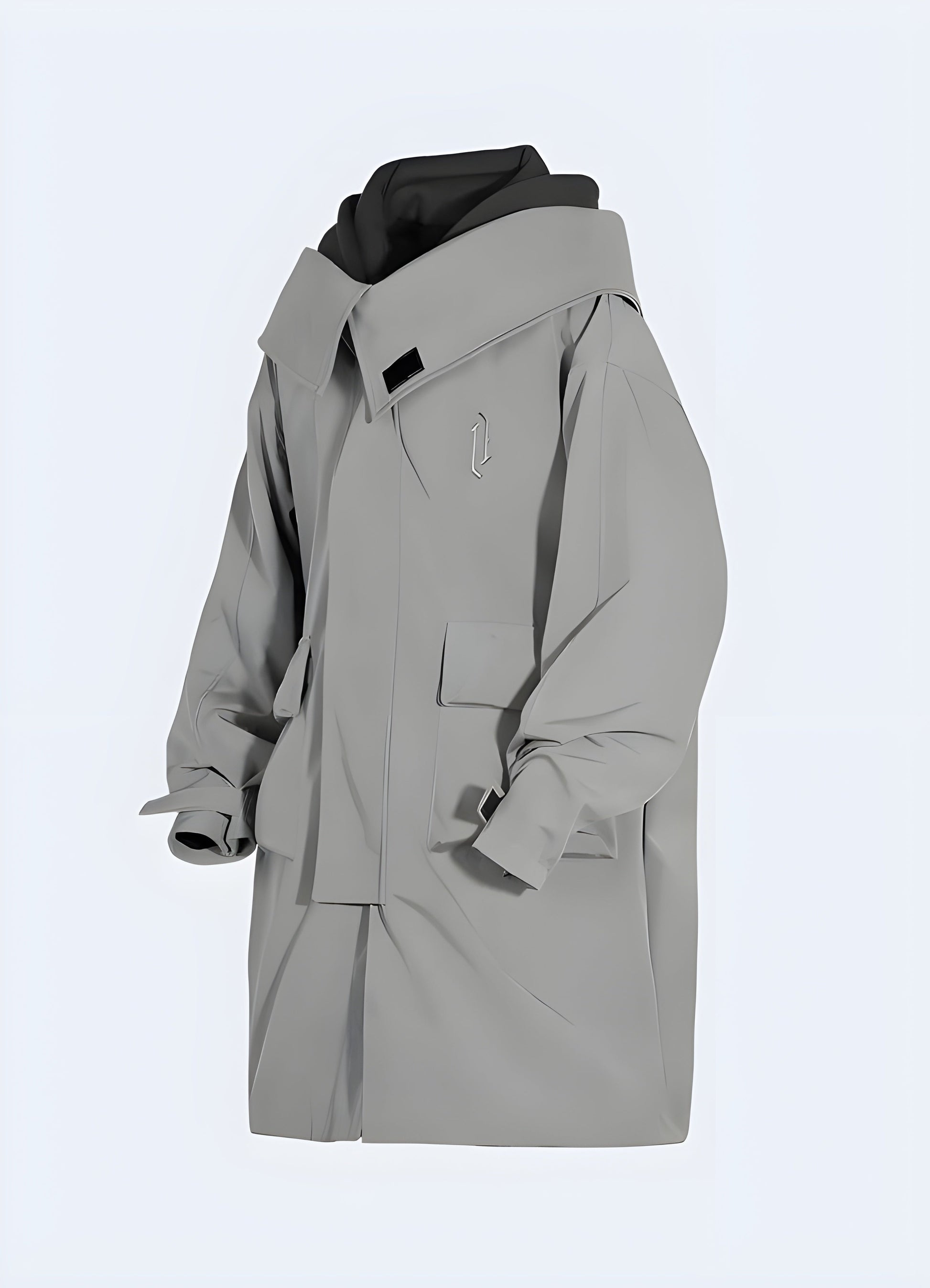 Front side view of a grey techwear anorak, featuring advanced technical materials and a modern silhouette, perfect for Canadians who demand both function and fashion in their everyday wear.