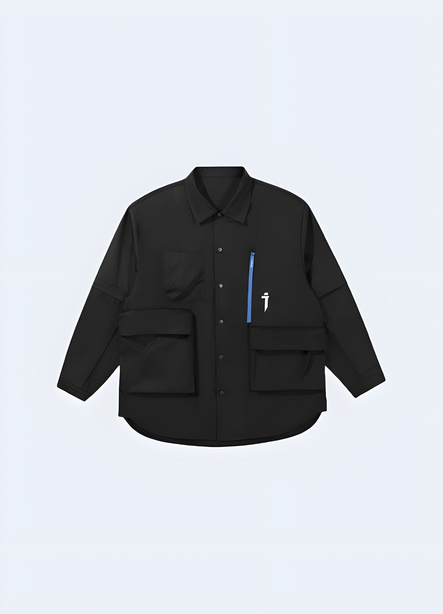 Black techwear shirt jacket with modern design, front view, ideal for autumn in Canada.