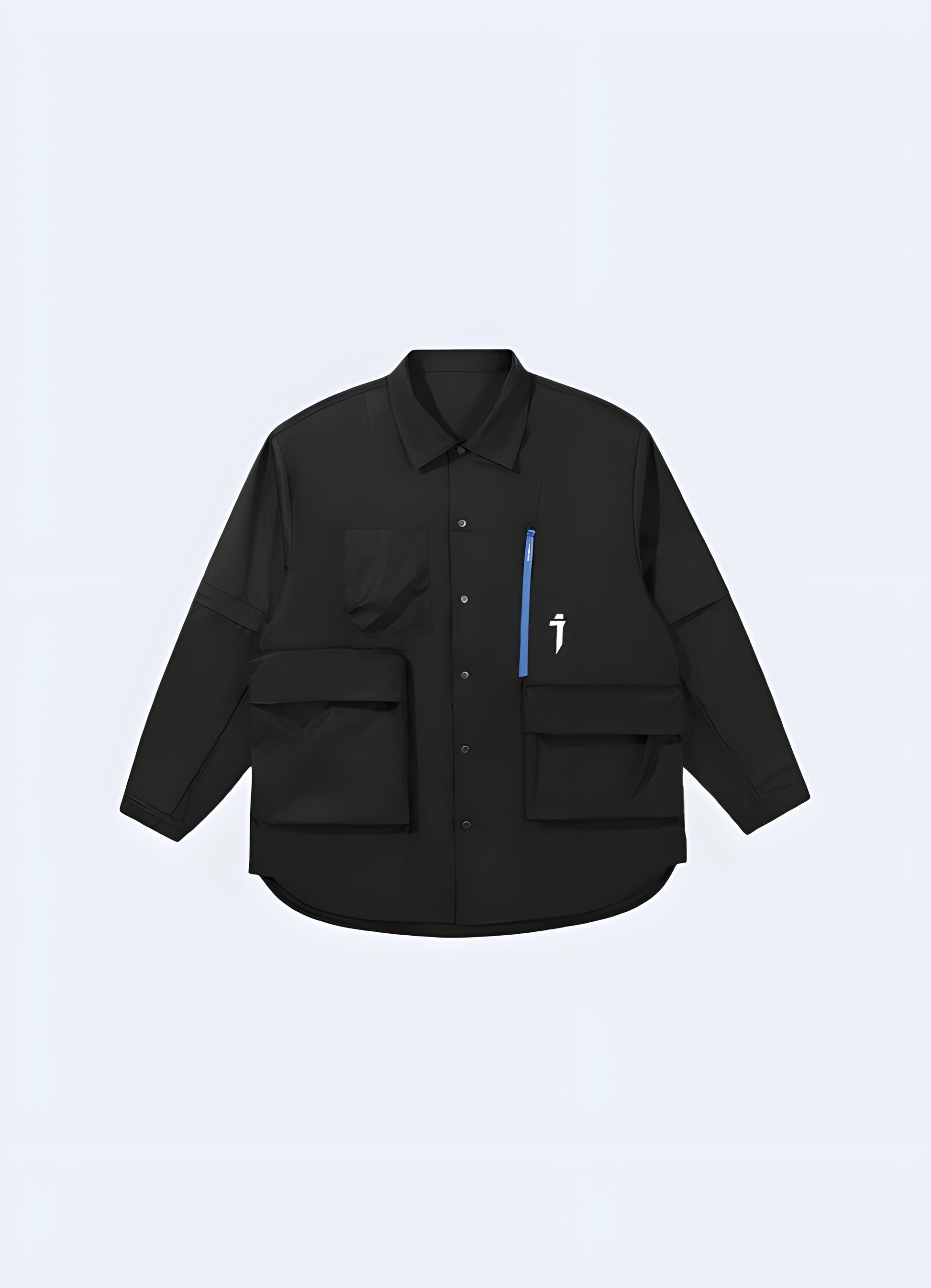 Black techwear shirt jacket with modern design, front view, ideal for autumn in Canada.