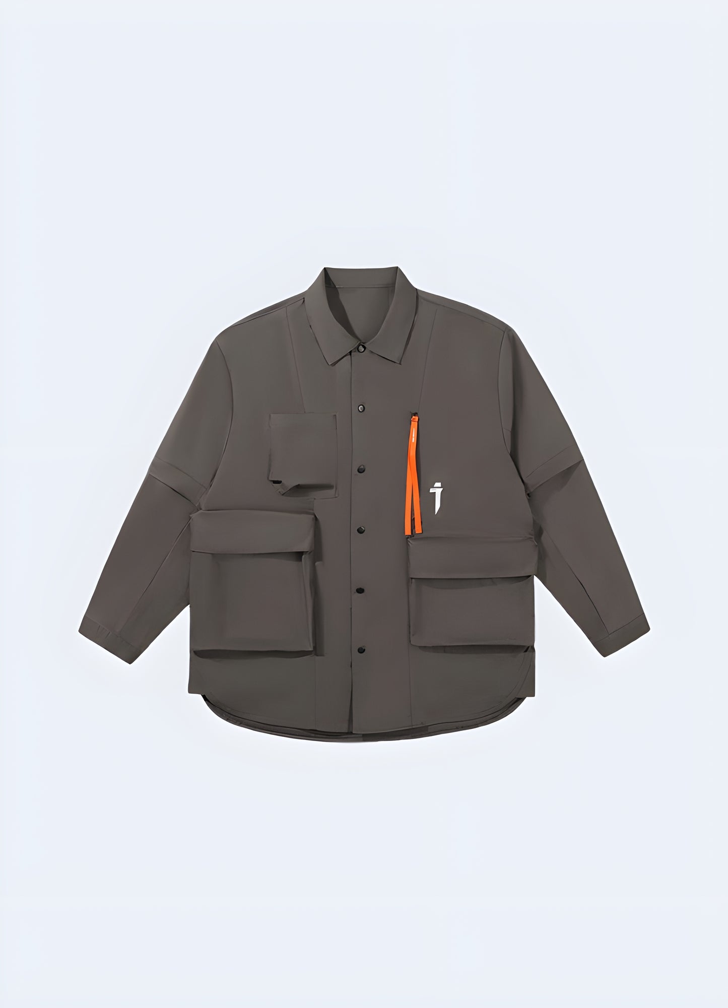 Brown techwear shirt jacket with a rugged and practical design, front view, perfect for autumn in Canada.