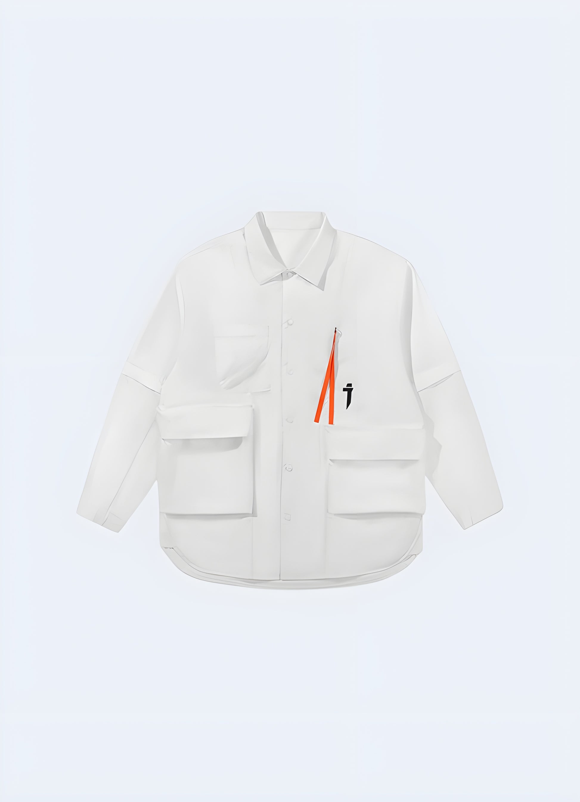 White techwear shirt jacket with a sleek and functional design, front view, perfect for autumn in Canada.