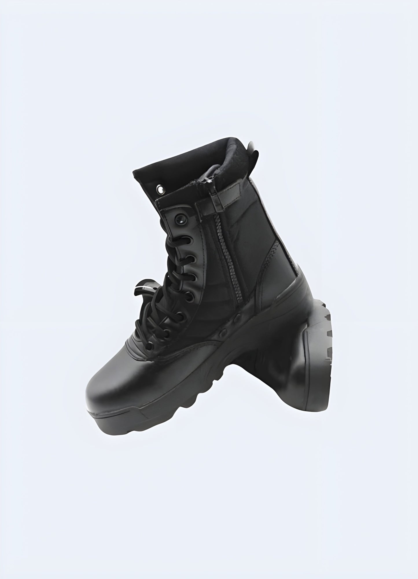 Side view of techwear black boots with a side zip, emphasizing their sleek profile and versatile design, ideal for seamless integration into Canada techwear outfits.