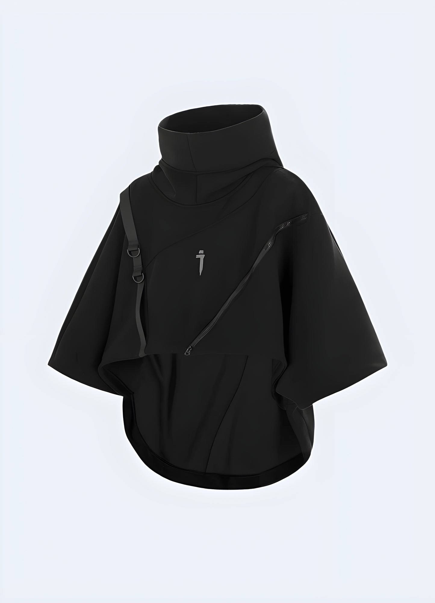 Unique black poncho-style hoodie with a loose, draped fit and a large hood, perfect for a bold streetwear look or staying warm in cooler weather.