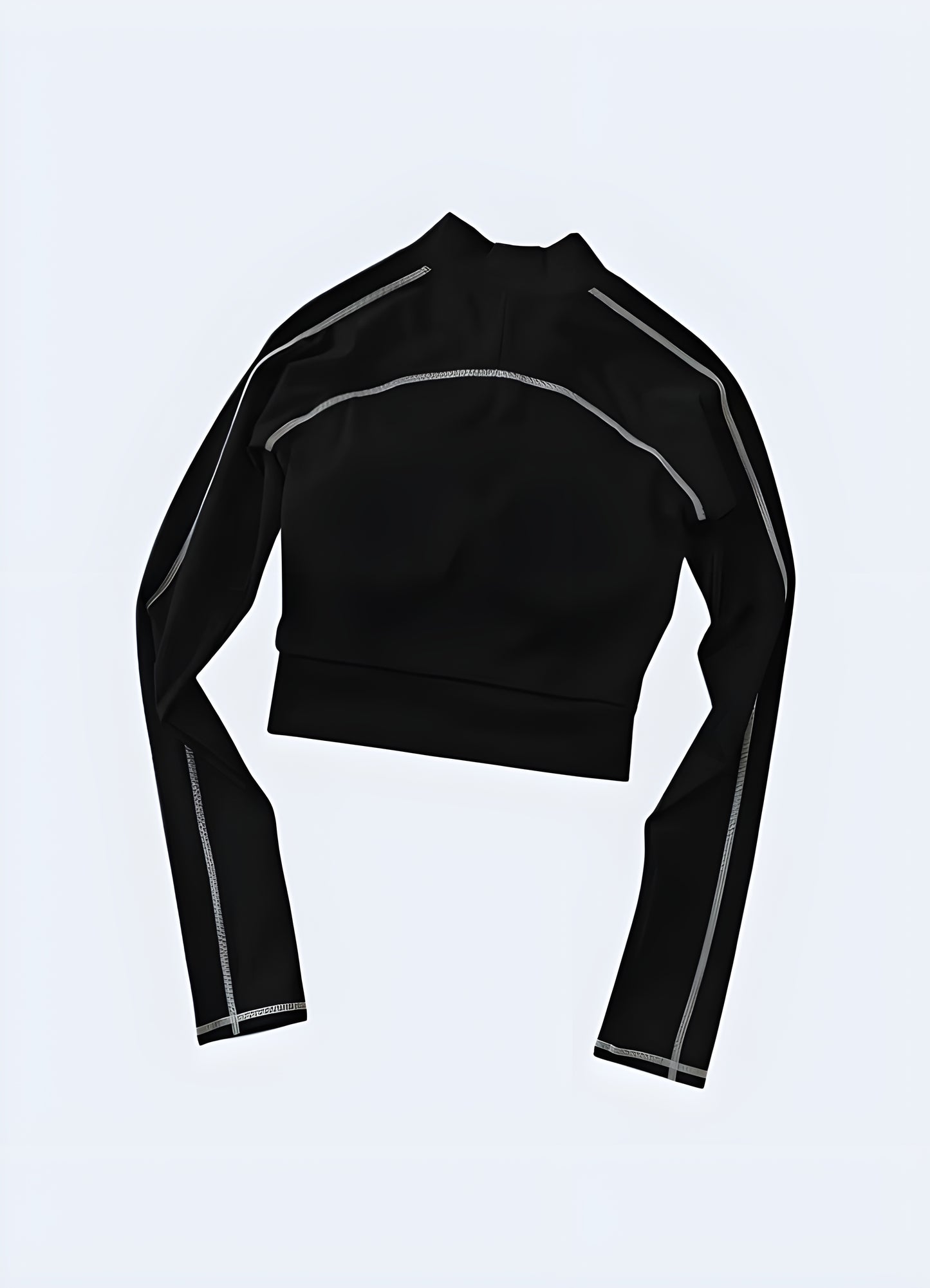 Woman wearing a stylish and modern techwear crop top, showcasing contemporary fashion in Canada.