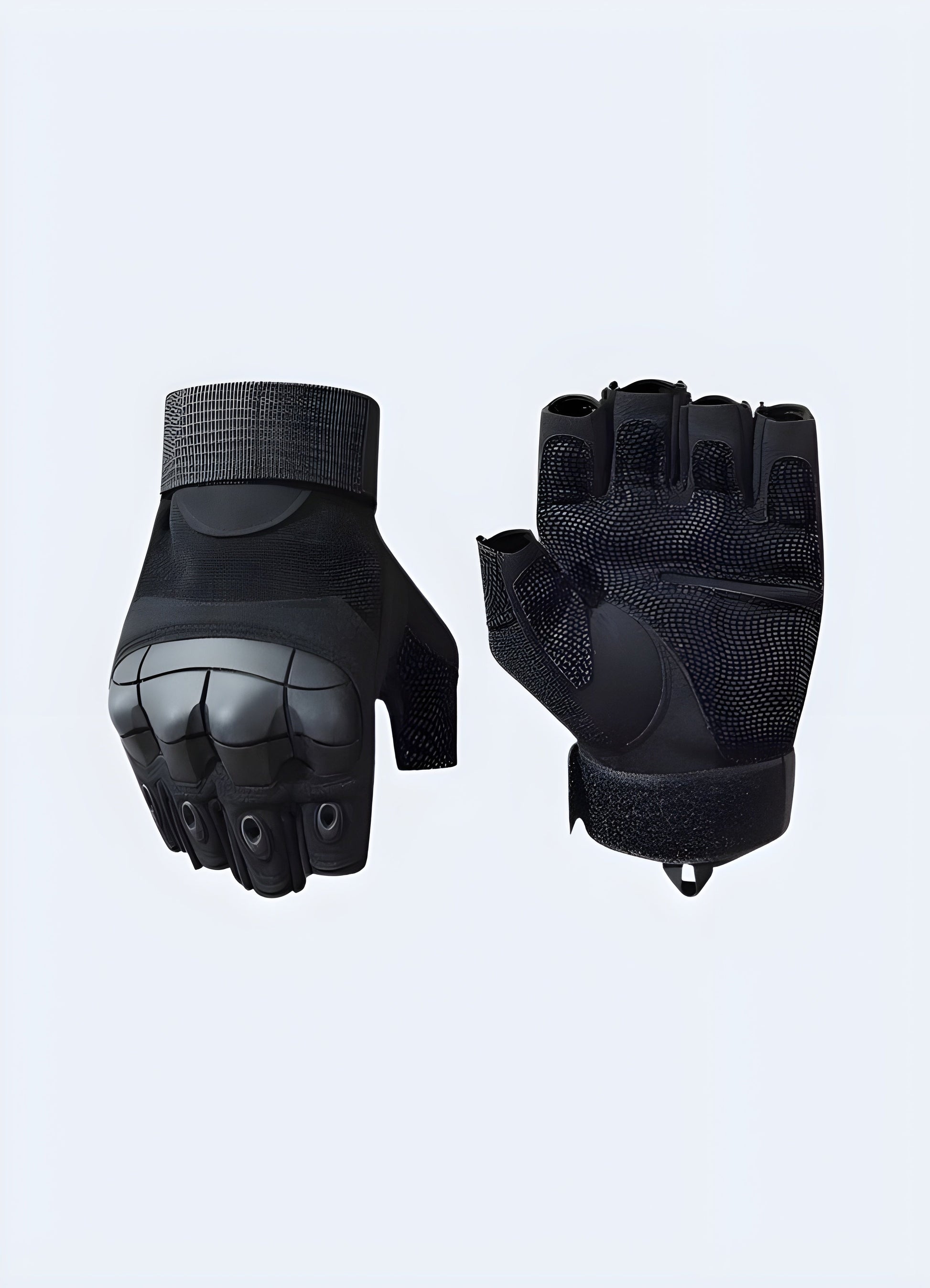 Combined front and back view of fingerless tactical gloves displaying hard knuckle protection on the back and reinforced palm for durability Canada.