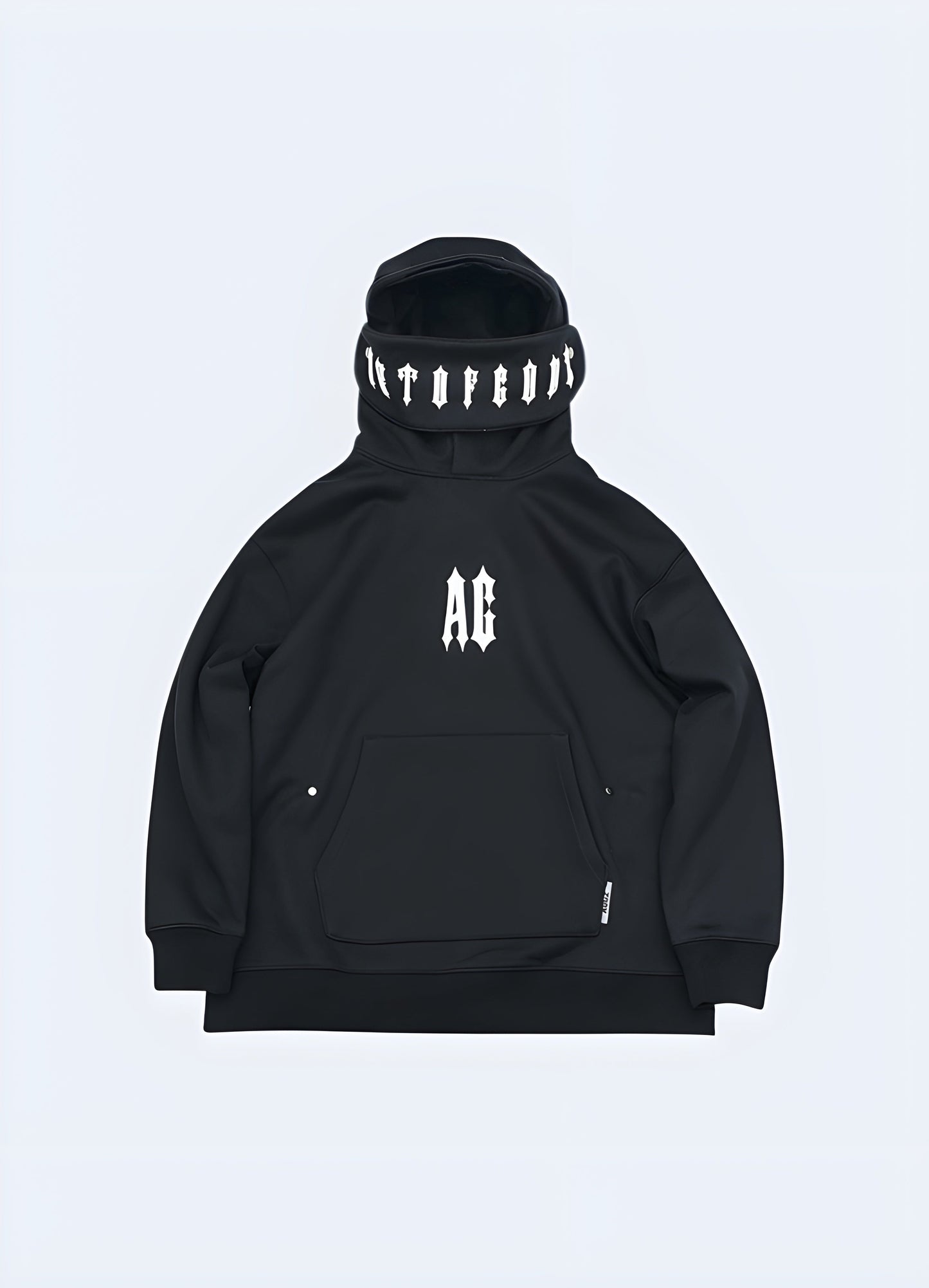 Black techwear goth hoodie in front view, highlighting its dark and stylish design available in Canada.