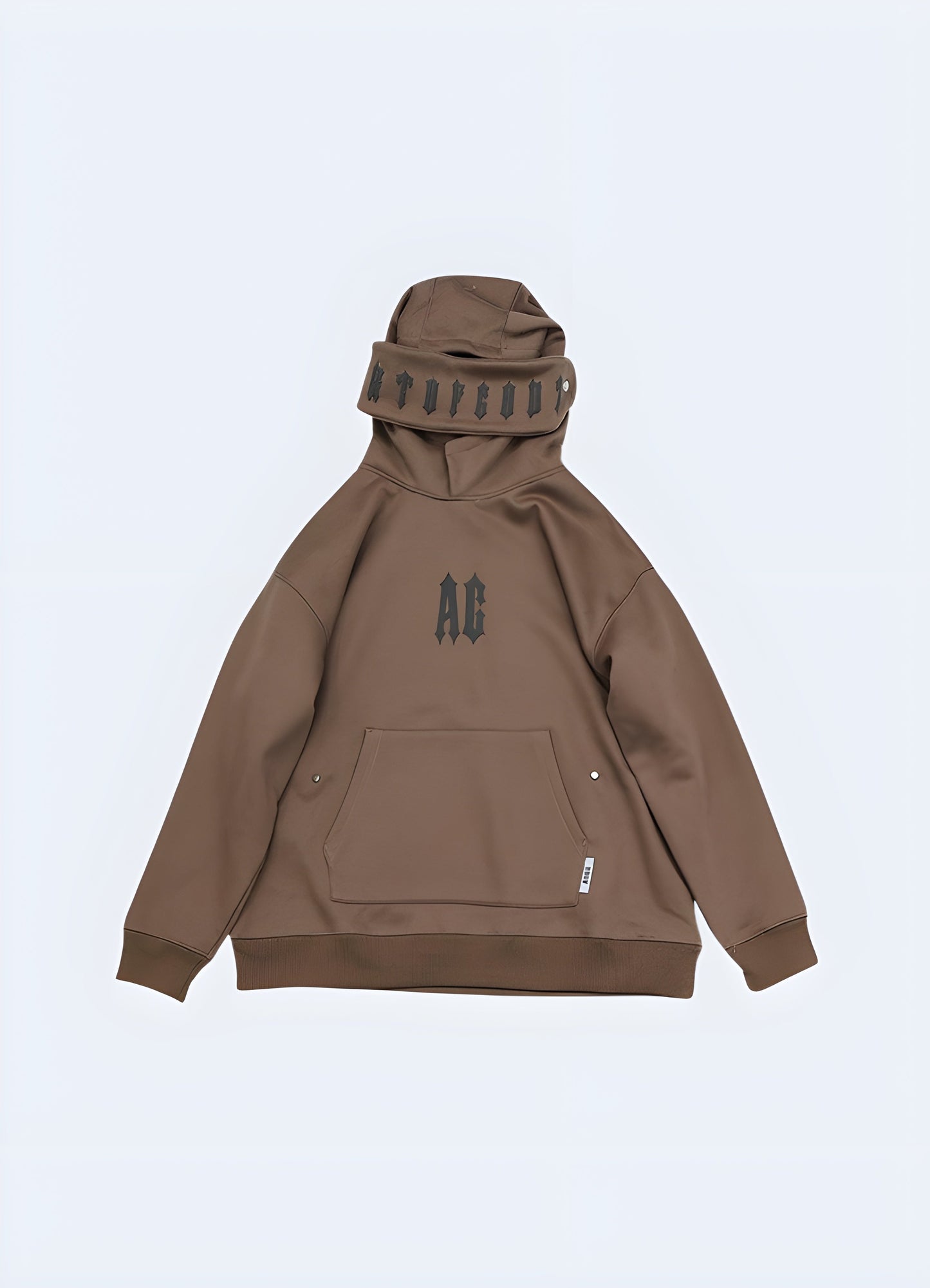Brown techwear goth hoodie in front view, showcasing its unique color and contemporary goth style available in Canada.