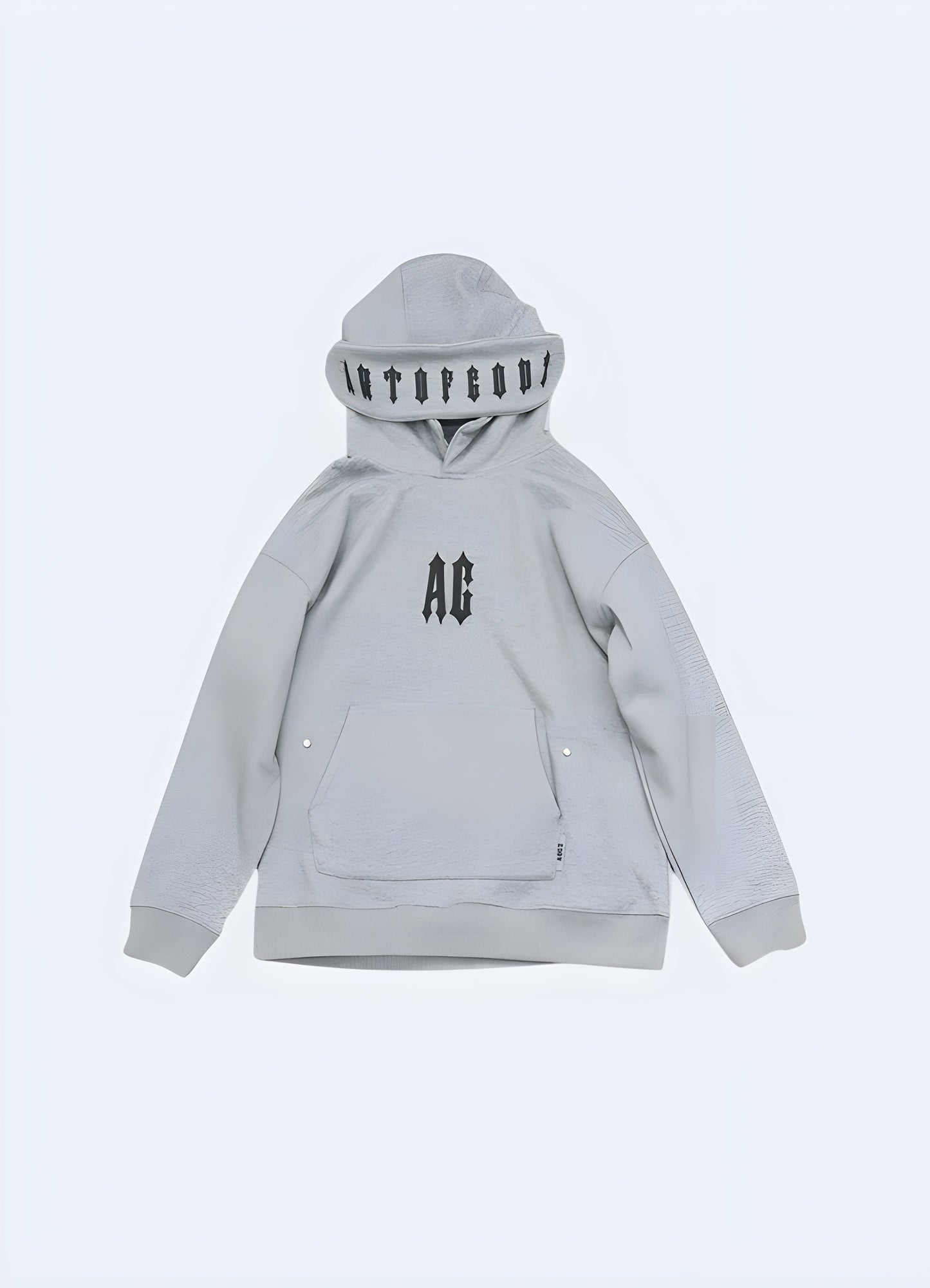 Grey techwear goth hoodie in front view, emphasizing its distinctive and modern gothic aesthetic available in Canada.