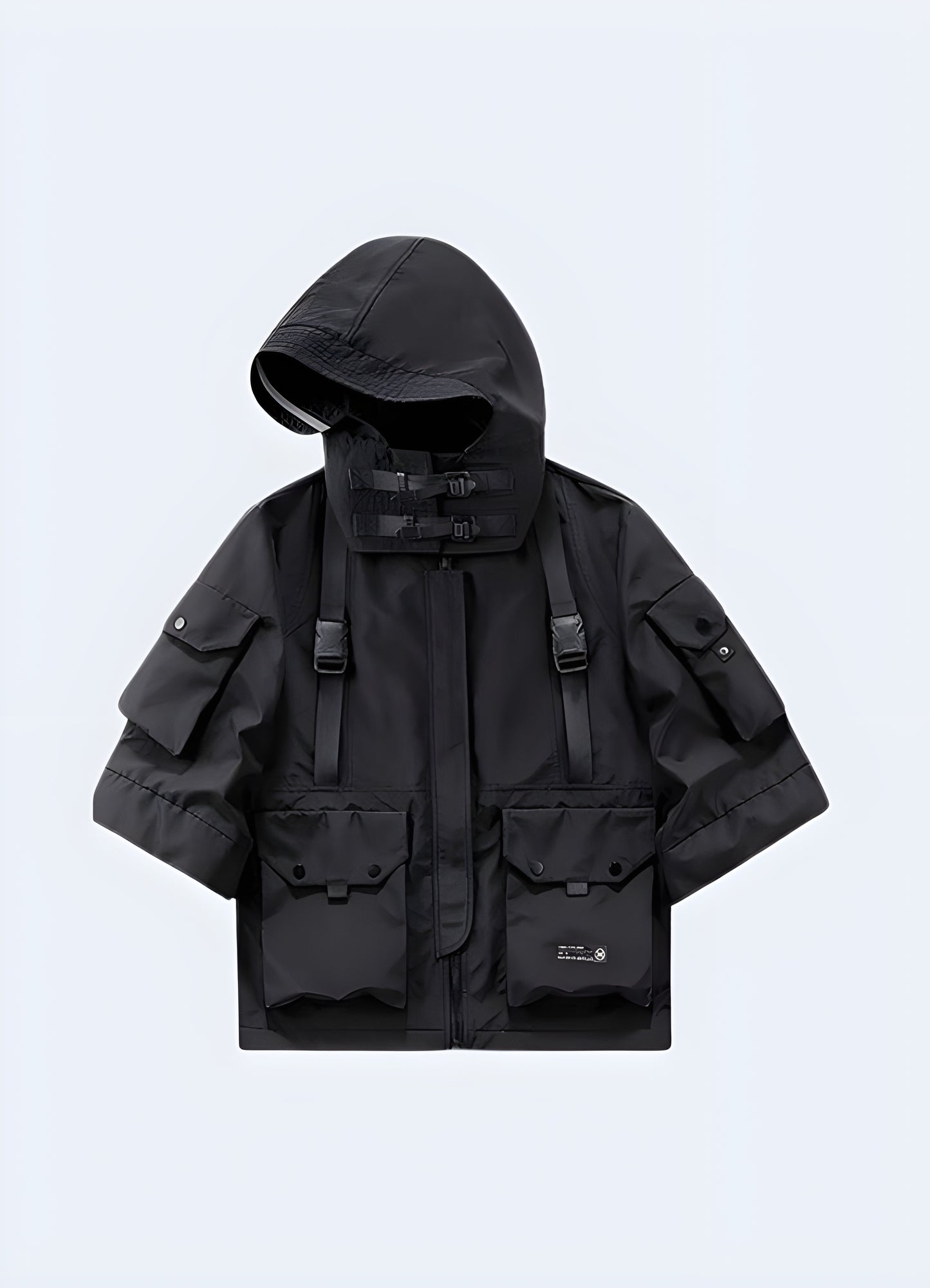 Stylish techwear hypebeast jacket, front view, featuring a modern and edgy design for Canadian streetwear enthusiasts.