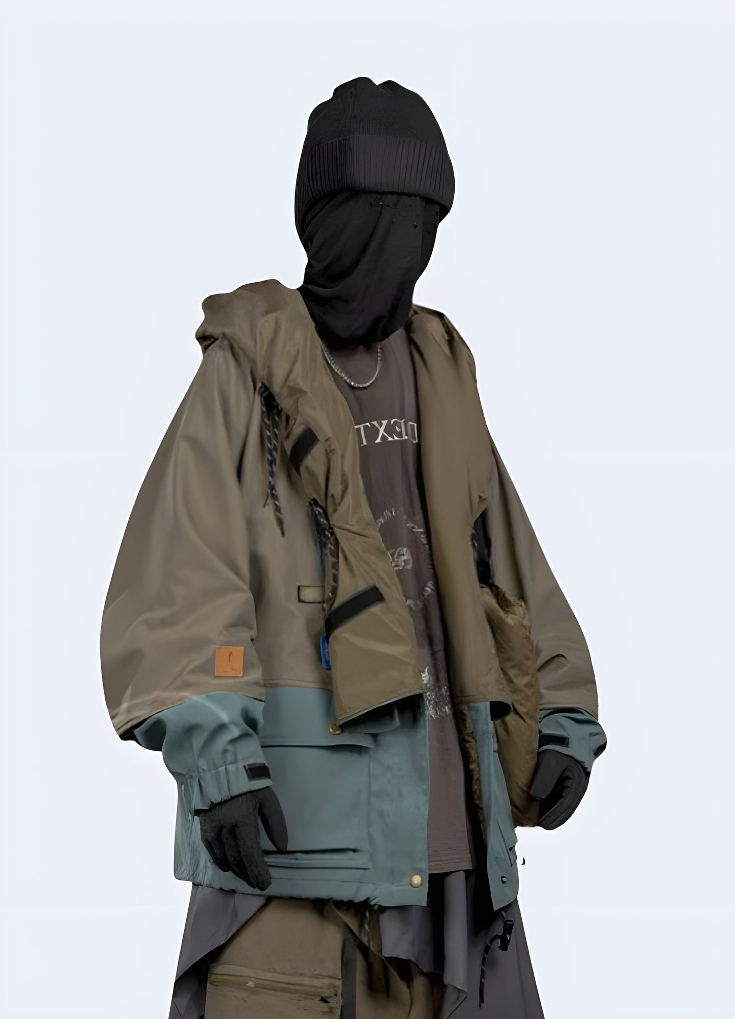 Stylish khaki green techwear jacket with rolled collar, perfect for urban exploration and outdoor adventures in Canada
