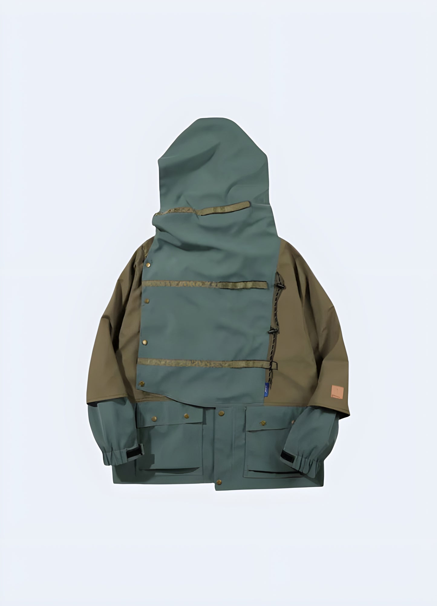 Front view of a khaki green techwear jacket featuring a rolled collar and multiple utility pockets, designed for functionality and fashion in Canadian weather