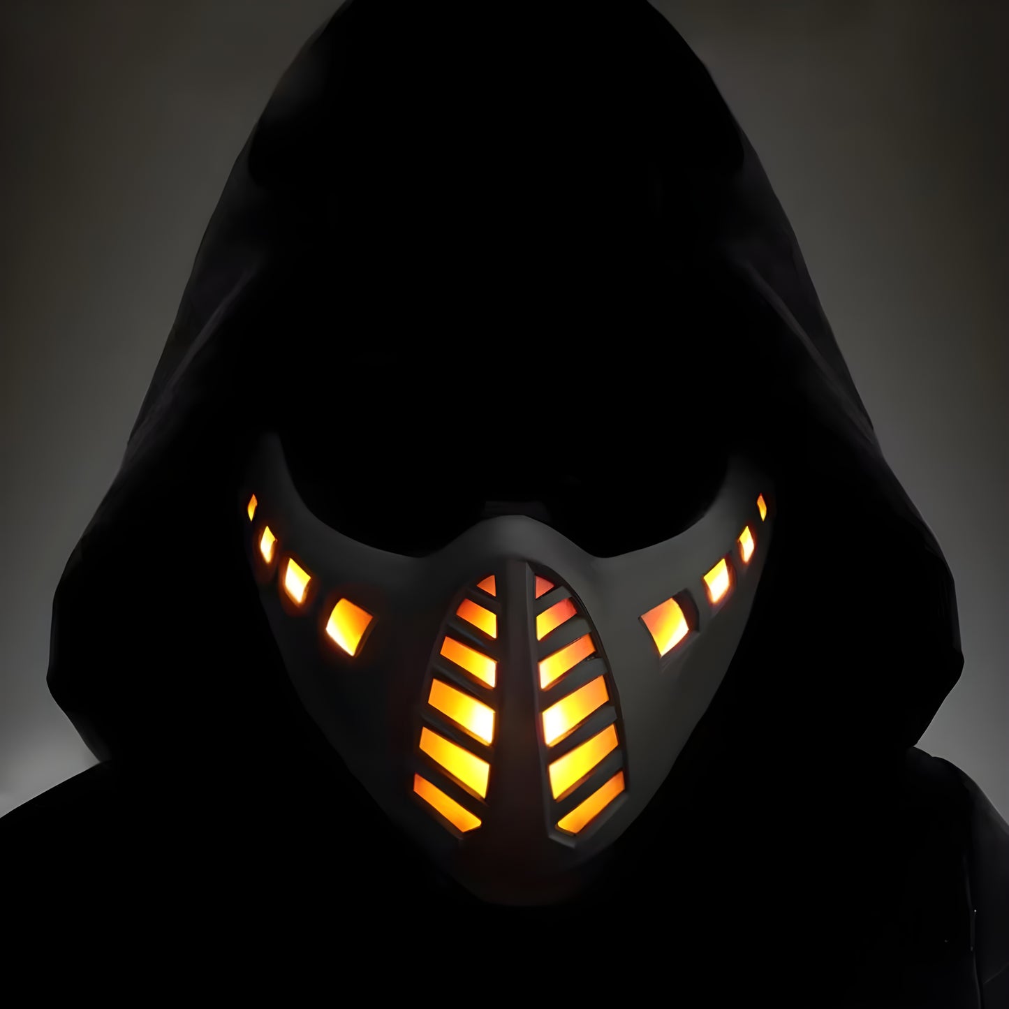 Front side view of techwear LED mask showcasing its illuminated display and modern aesthetics Canada. Perfect for enhancing your futuristic look.