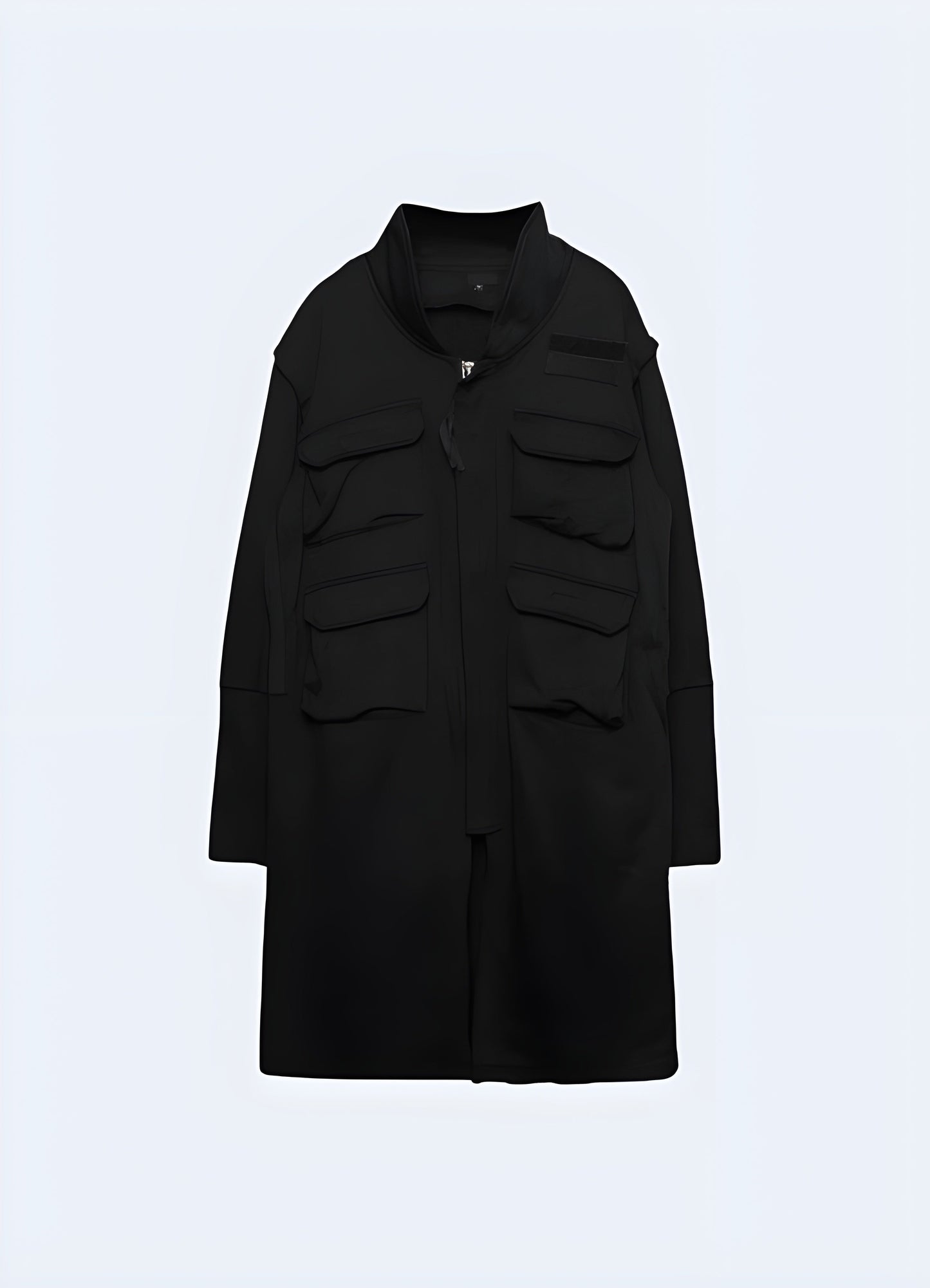 Futuristic techwear long coat, front view, showcasing a functional and fashionable design for urban exploration in Canada.