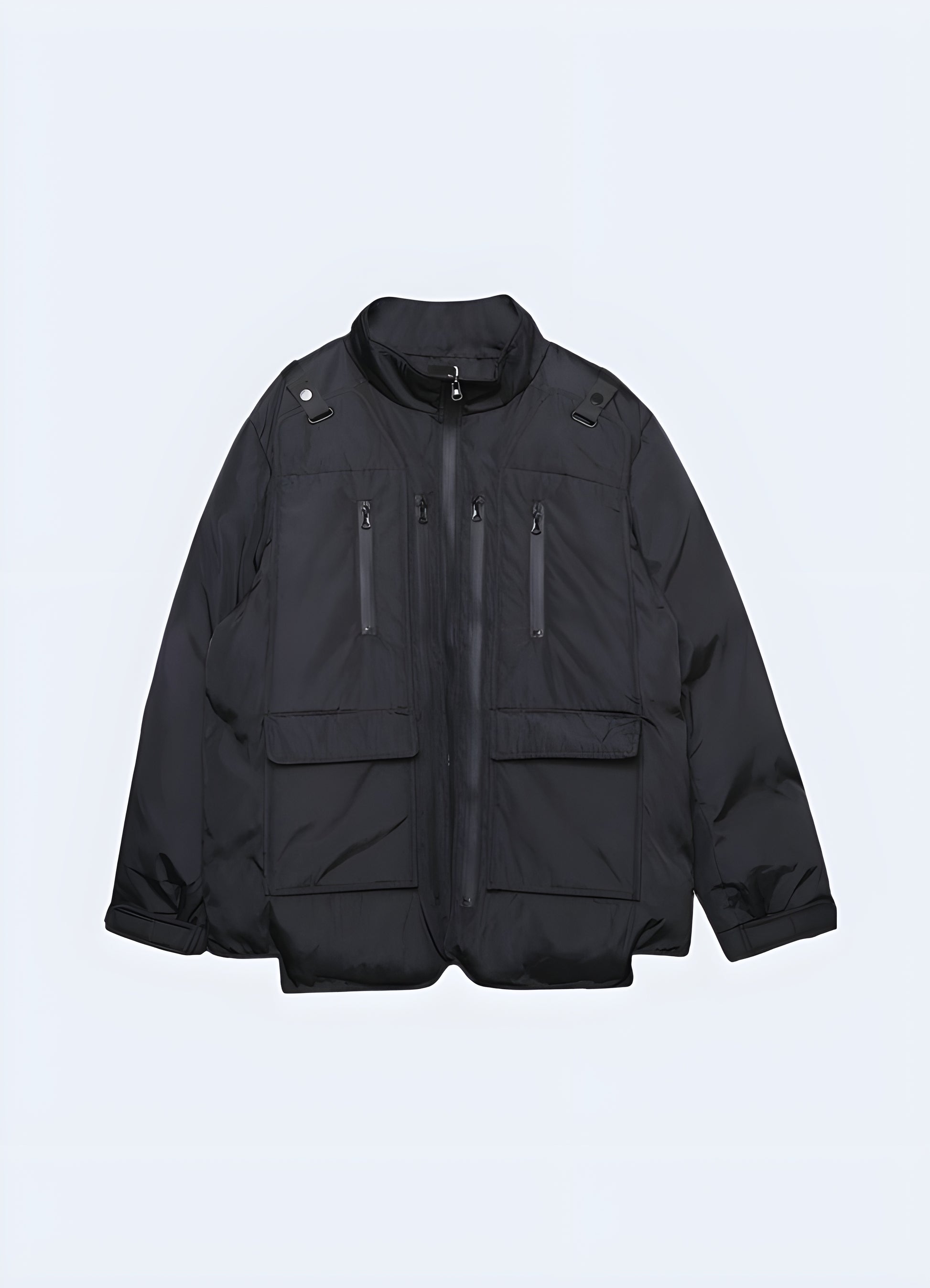 Techwear padded jacket with a sleek, front view design, perfect for staying comfortable and fashionable in Canadian cities.
