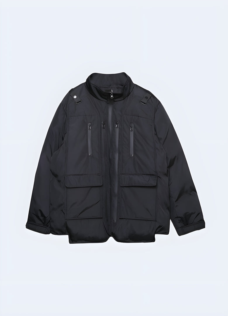 Techwear padded jacket with a sleek, front view design, perfect for staying comfortable and fashionable in Canadian cities.