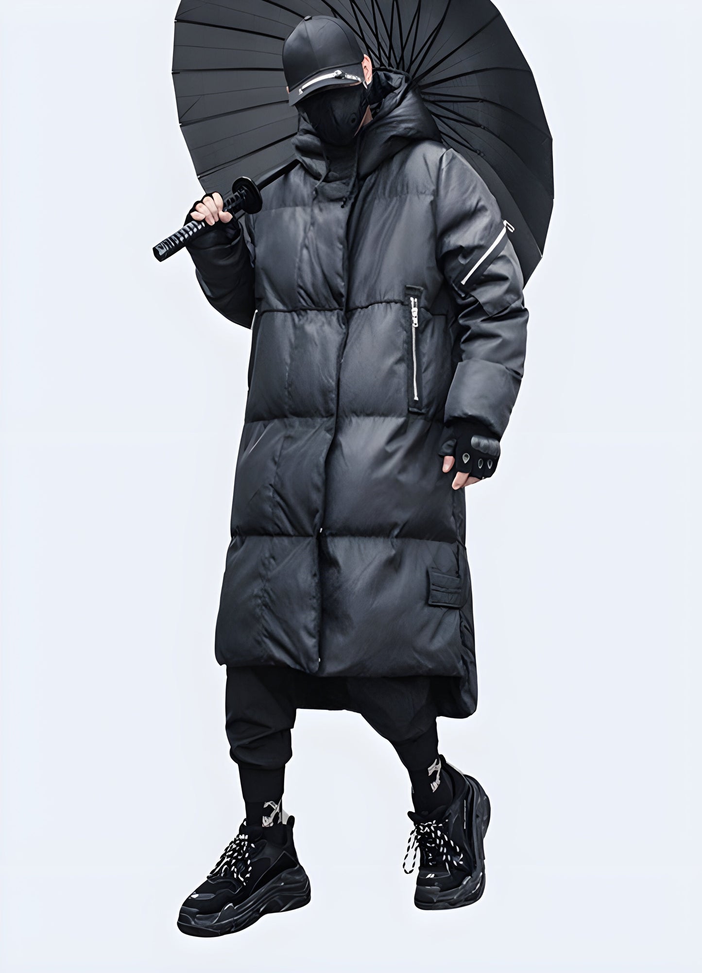 Stylish men's techwear parka jacket in black, side view showcasing regular fit suitable for layering, available for purchase in the Canada.