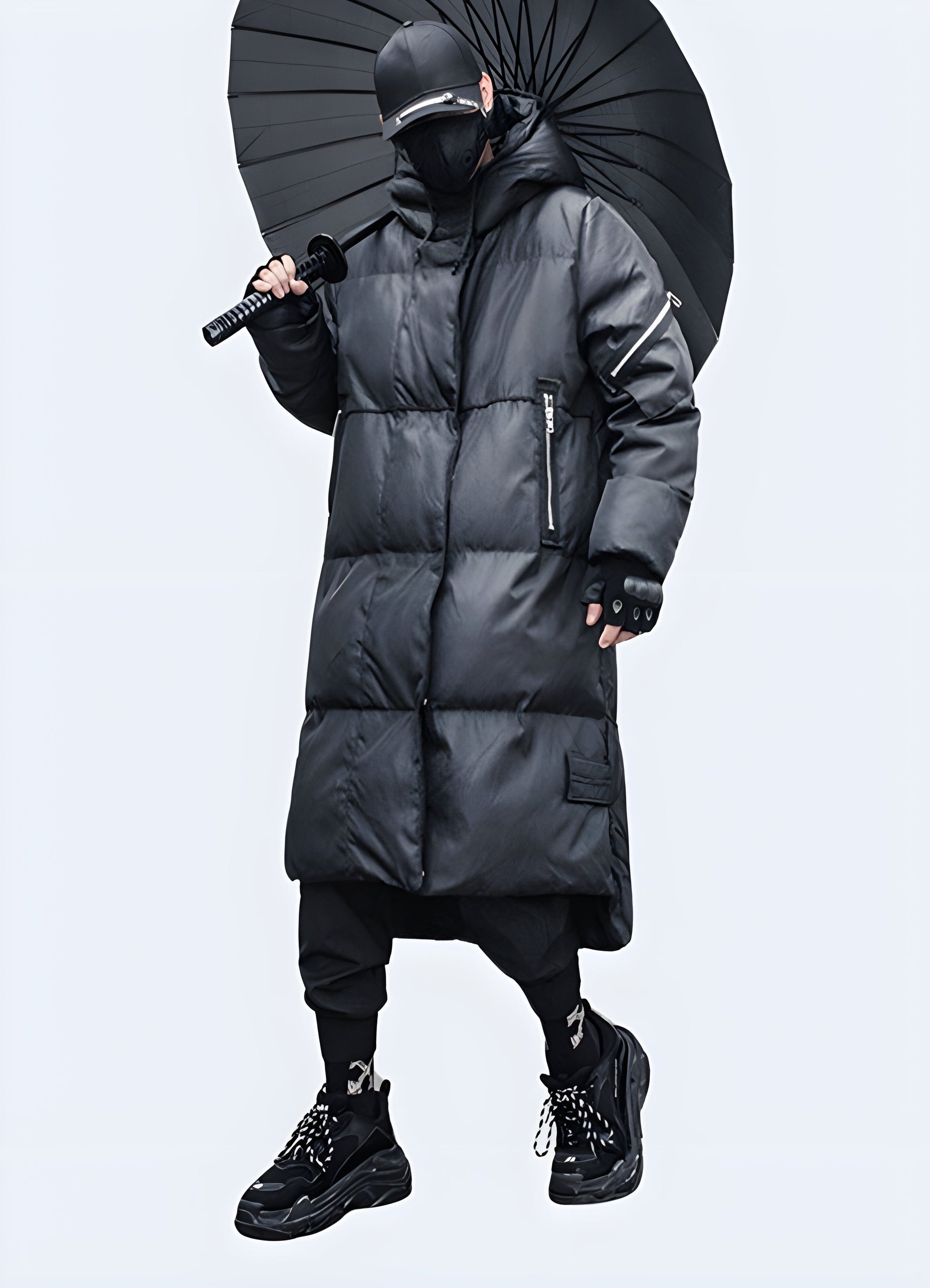 Stylish men's techwear parka jacket in black, side view showcasing regular fit suitable for layering, available for purchase in the Canada.