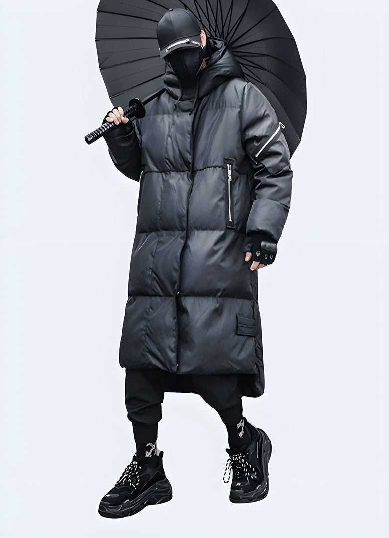 Stylish men's techwear parka jacket in black, side view showcasing regular fit suitable for layering, available for purchase in the Canada.