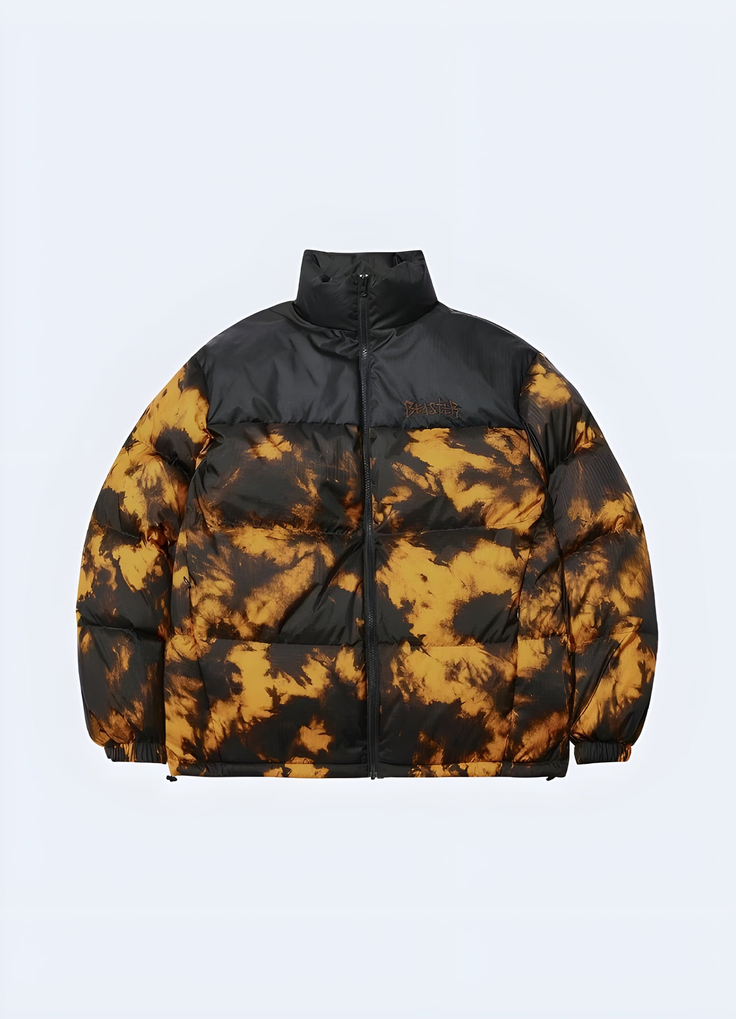 Front view of a black techwear puffer jacket with a fitted hood and multiple pockets, offering both fashion and functionality for Canadian winters.