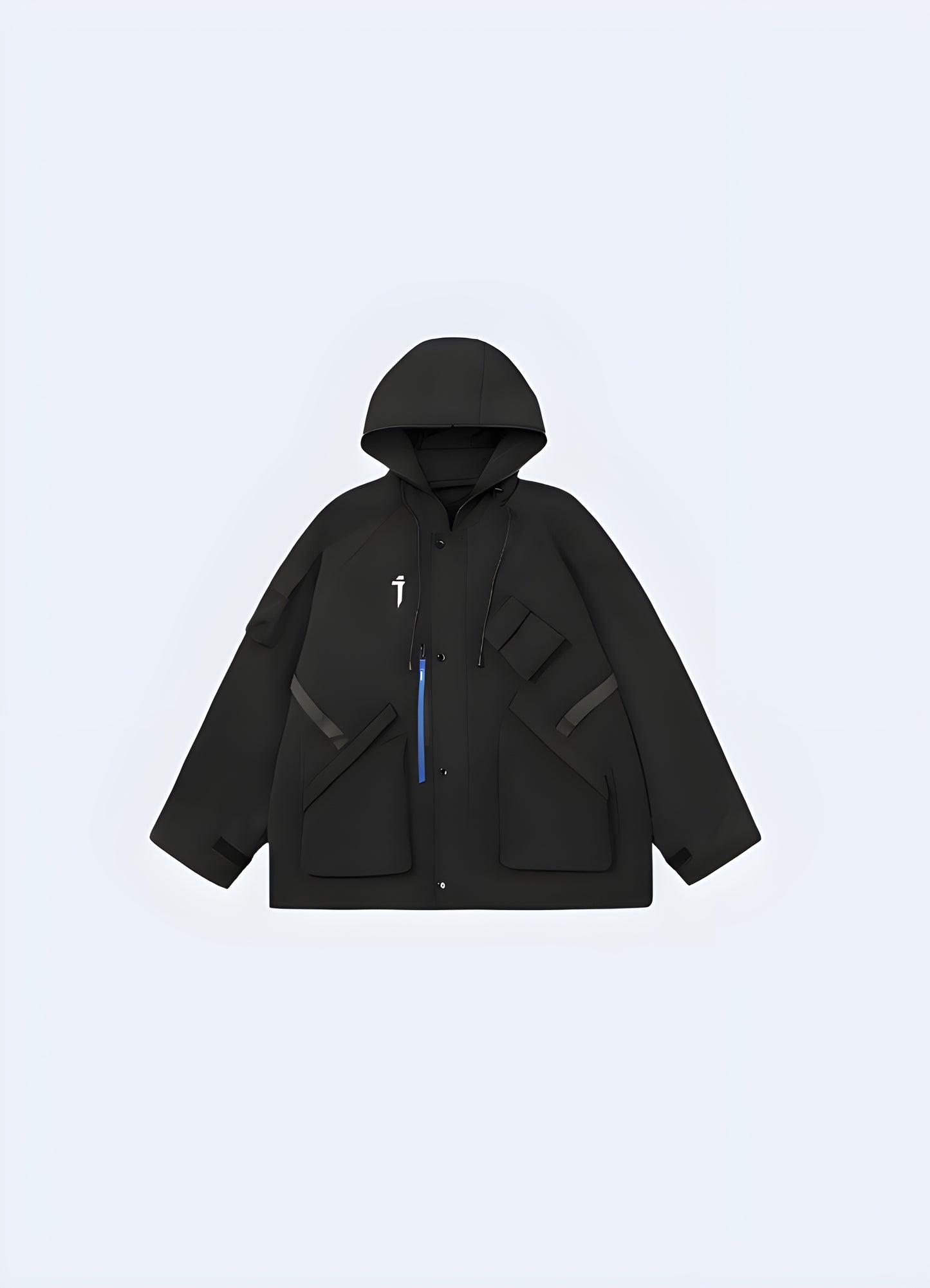 Front view of a high-performance black techwear rain jacket, engineered with advanced materials to withstand Canada's rainy climate while keeping you fashionable.
