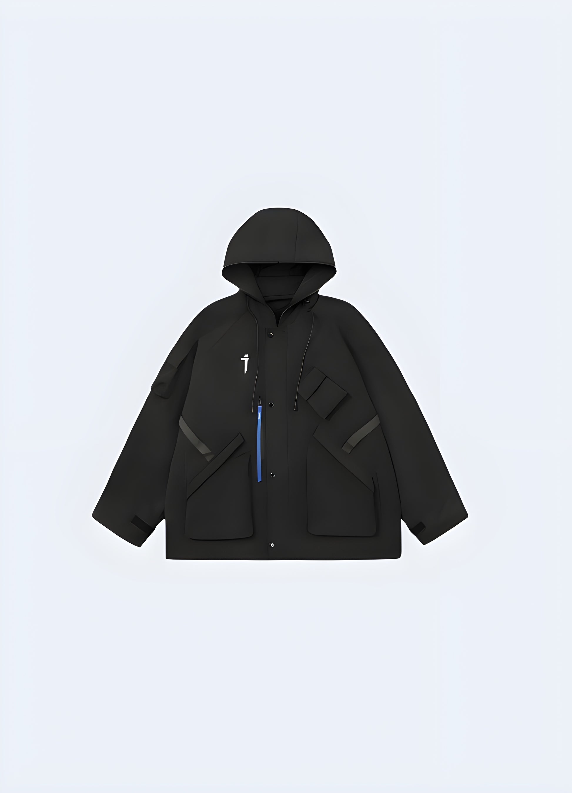 Front view of a high-performance black techwear rain jacket, engineered with advanced materials to withstand Canada's rainy climate while keeping you fashionable.