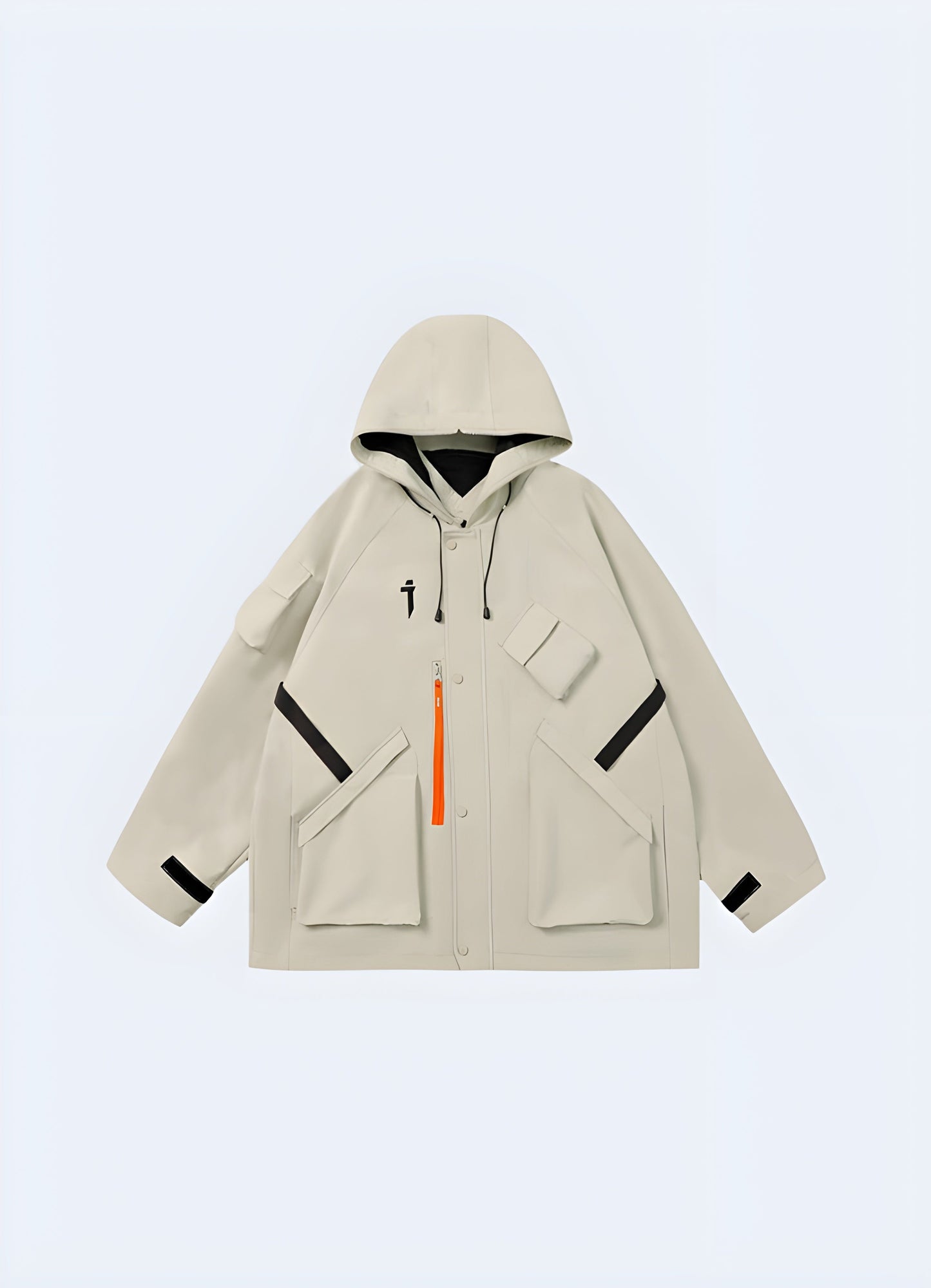 Front view of a stylish beige techwear rain jacket, featuring cutting-edge fabrics and a streamlined design for fashion-forward Canadians.
