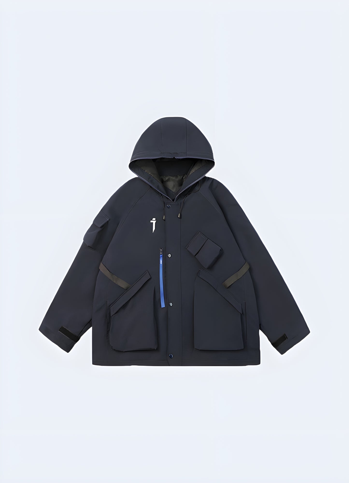 Front side view of a navy techwear rain jacket designed for Canadian weather.