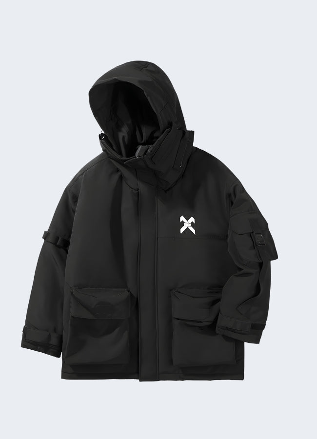 Front view of a cutting-edge techwear raincoat, showcasing its streamlined design and high-performance materials, perfect for fashion-forward Canadians navigating wet city streets.