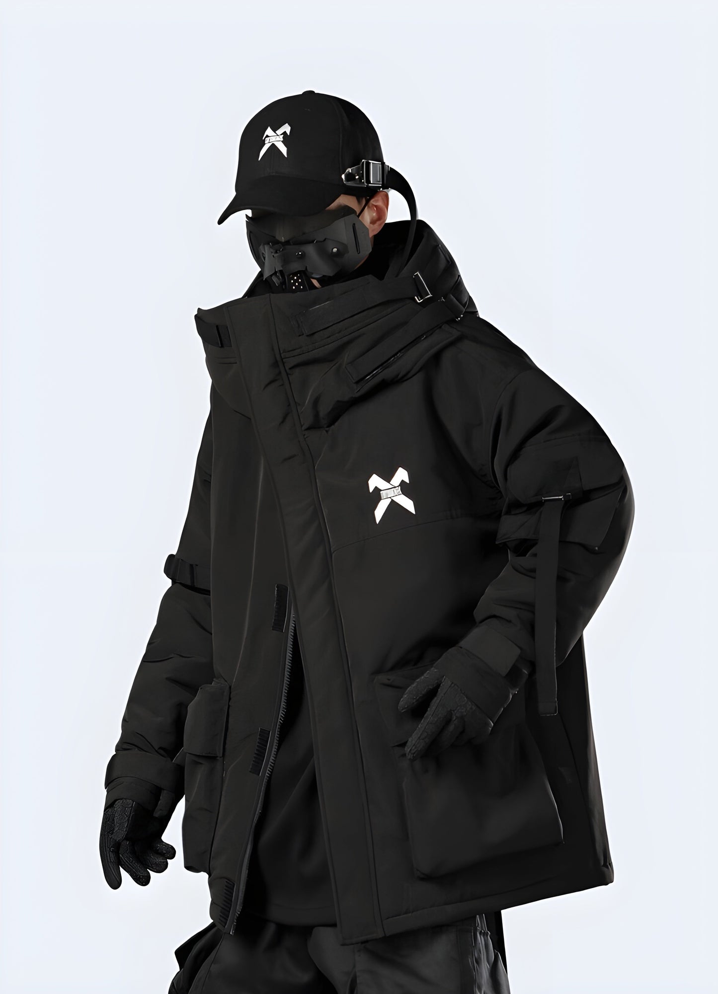 Side view of a futuristic techwear raincoat, showcasing its cutting-edge design and advanced features for Canada customers seeking a modern and functional outerwear solution.