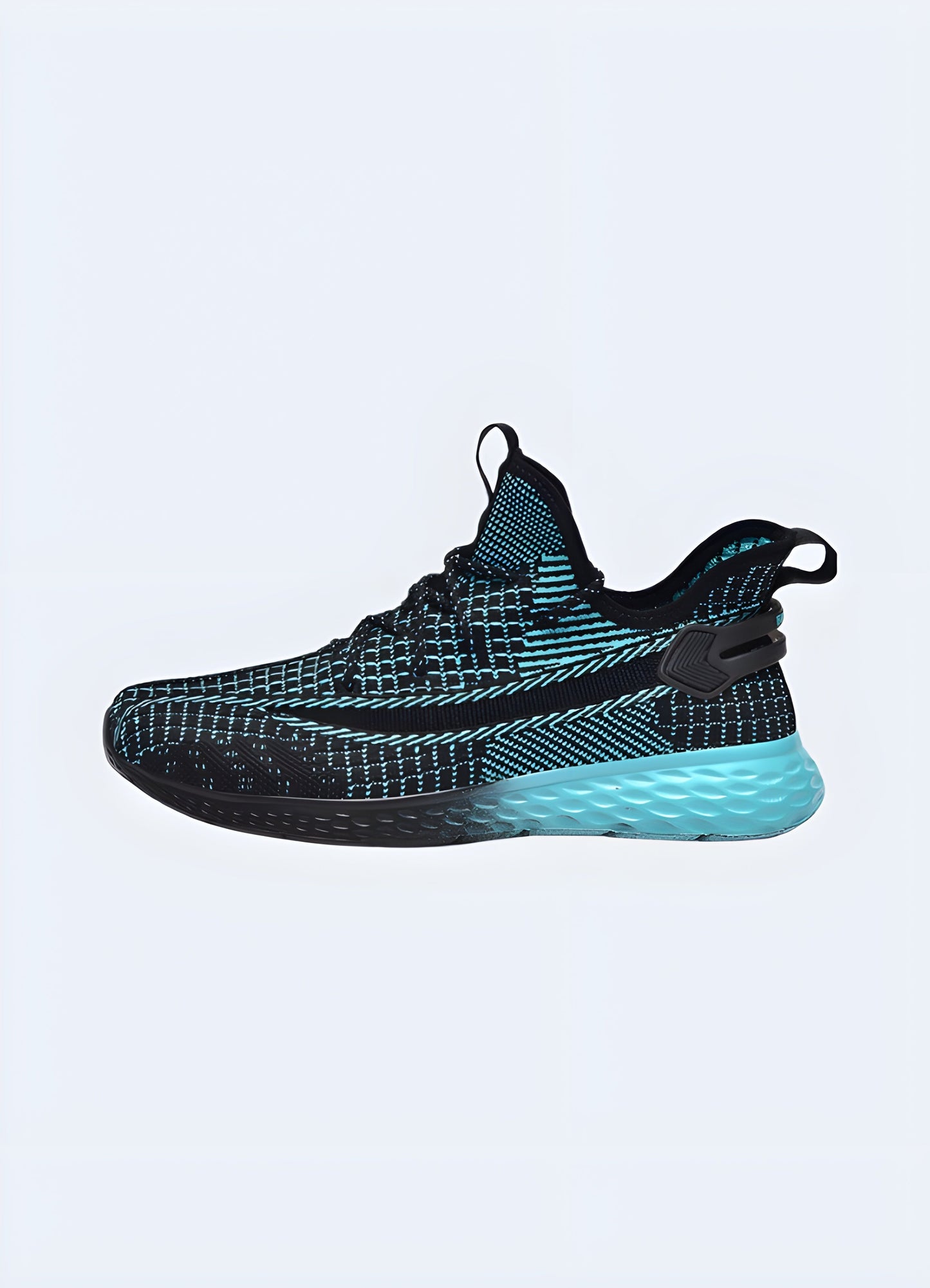 Sleek blue techwear running shoes, side view, showcasing the innovative design. Model shot in the Canada.