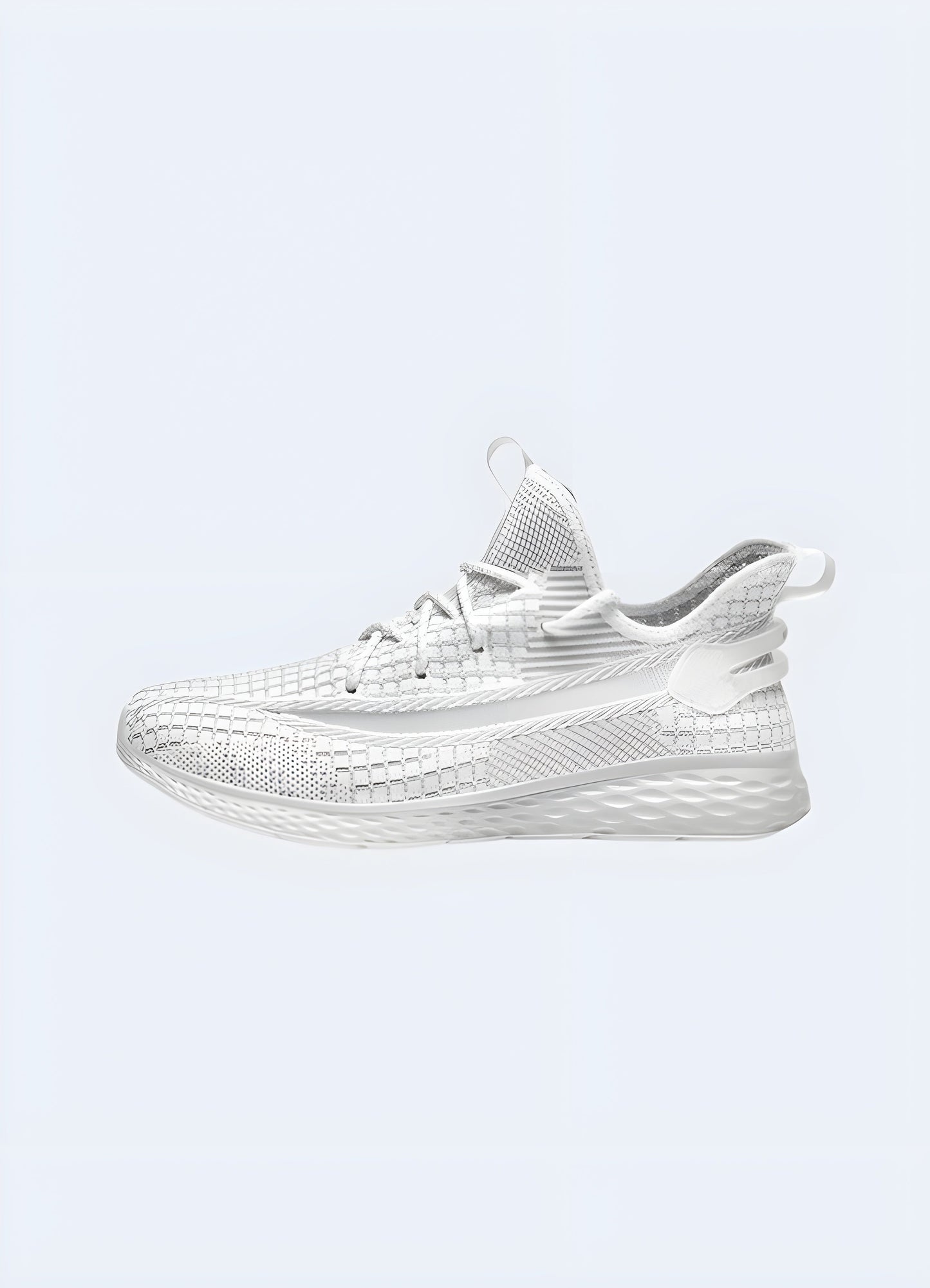 Stylish white techwear running shoes, side view, highlighting the modern aesthetics. Model photographed in the Canada.