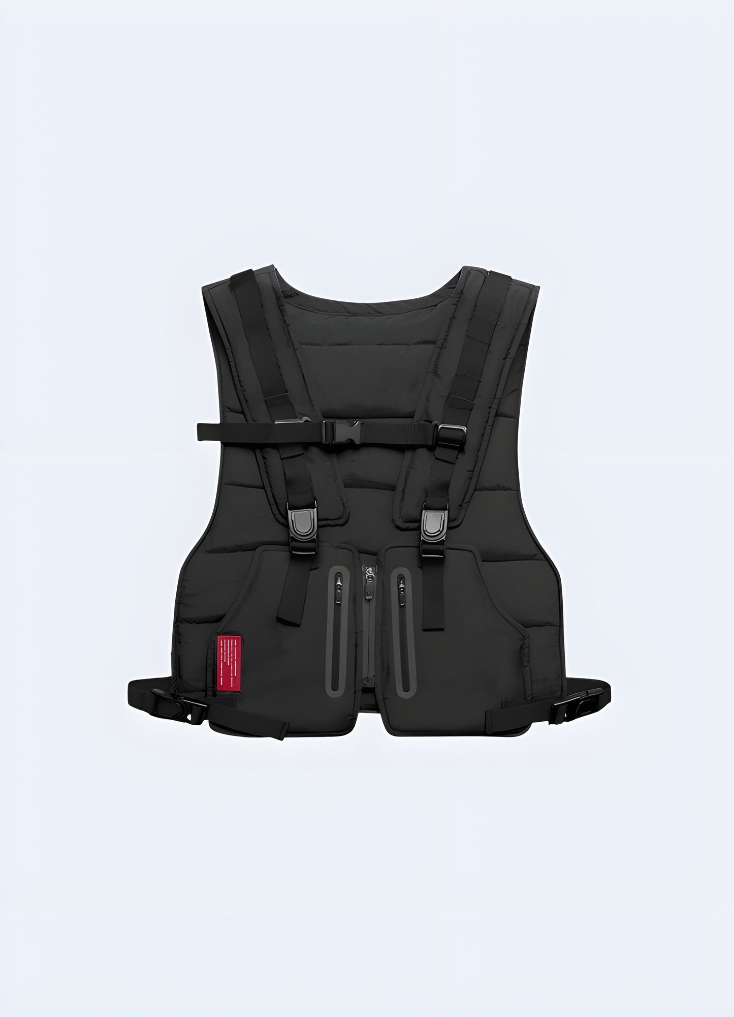 Front view of a black techwear running vest featuring multiple storage compartments, adjustable fit, and a modern, streamlined design for functional style.