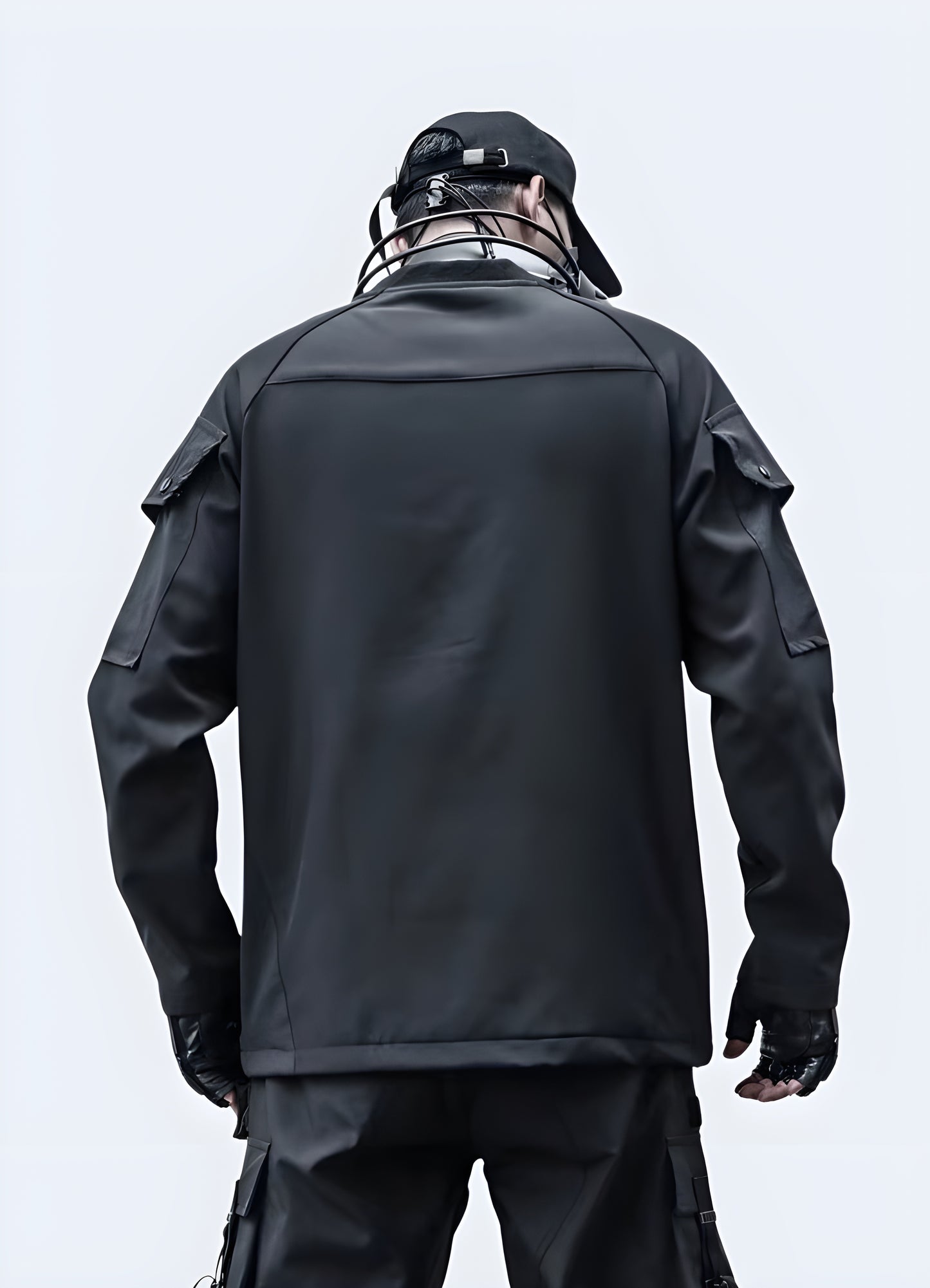 Back view of the techwear sleeve patchwork sweatshirt in Canada, highlighting its modern aesthetic and intricate patchwork details.