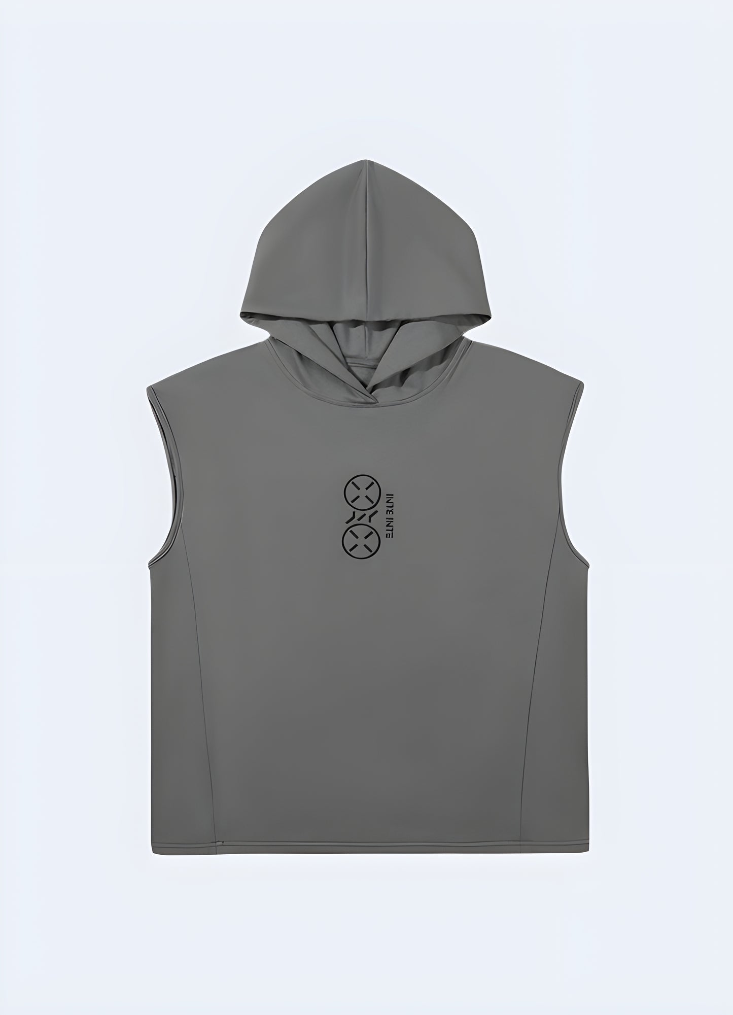 Grey techwear sleeveless hoodie in front view, emphasizing its contemporary design and urban appeal available in Canada.