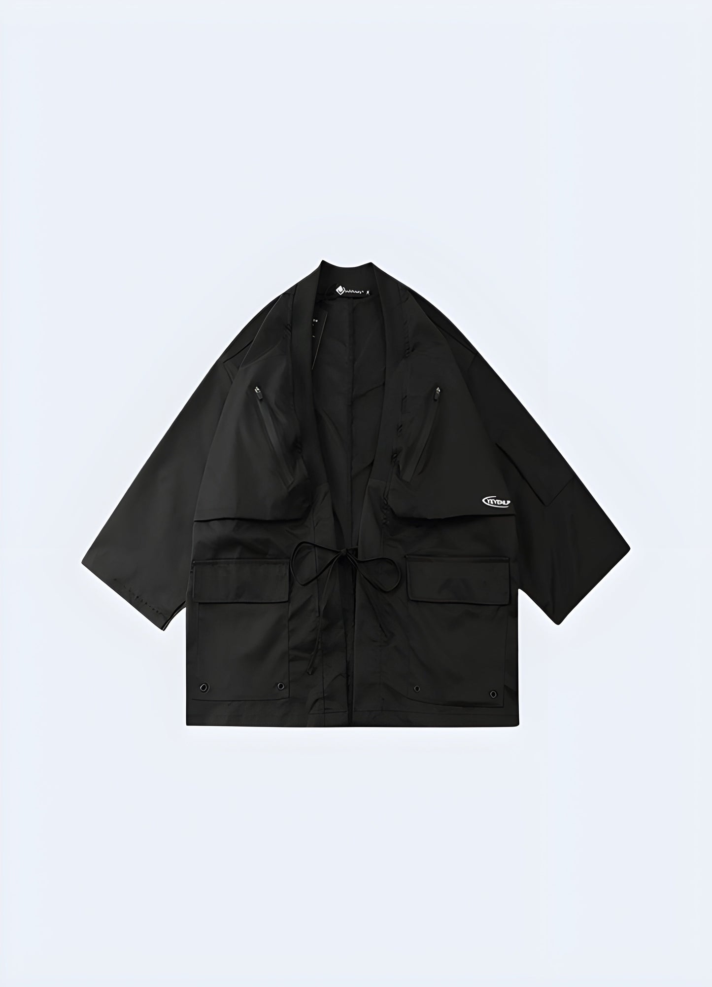 Front view of a model donning an eye-catching urban kimono, featuring a bold pattern and innovative design that pushes the boundaries of conventional fashion Canada.