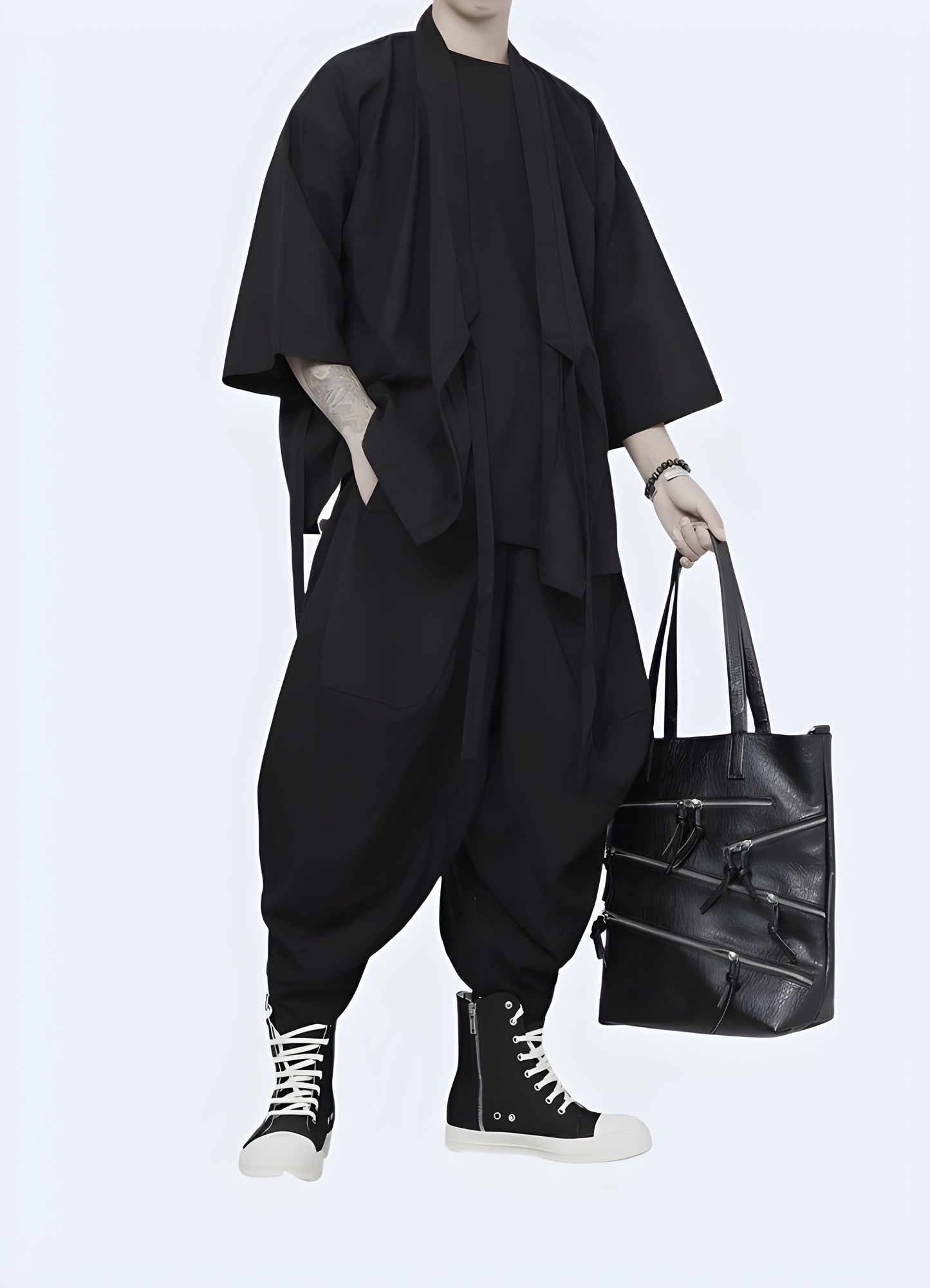 Side view of a model donning an eye-catching urban kimono, featuring a bold pattern and innovative design that pushes the boundaries of conventional fashion Canada.