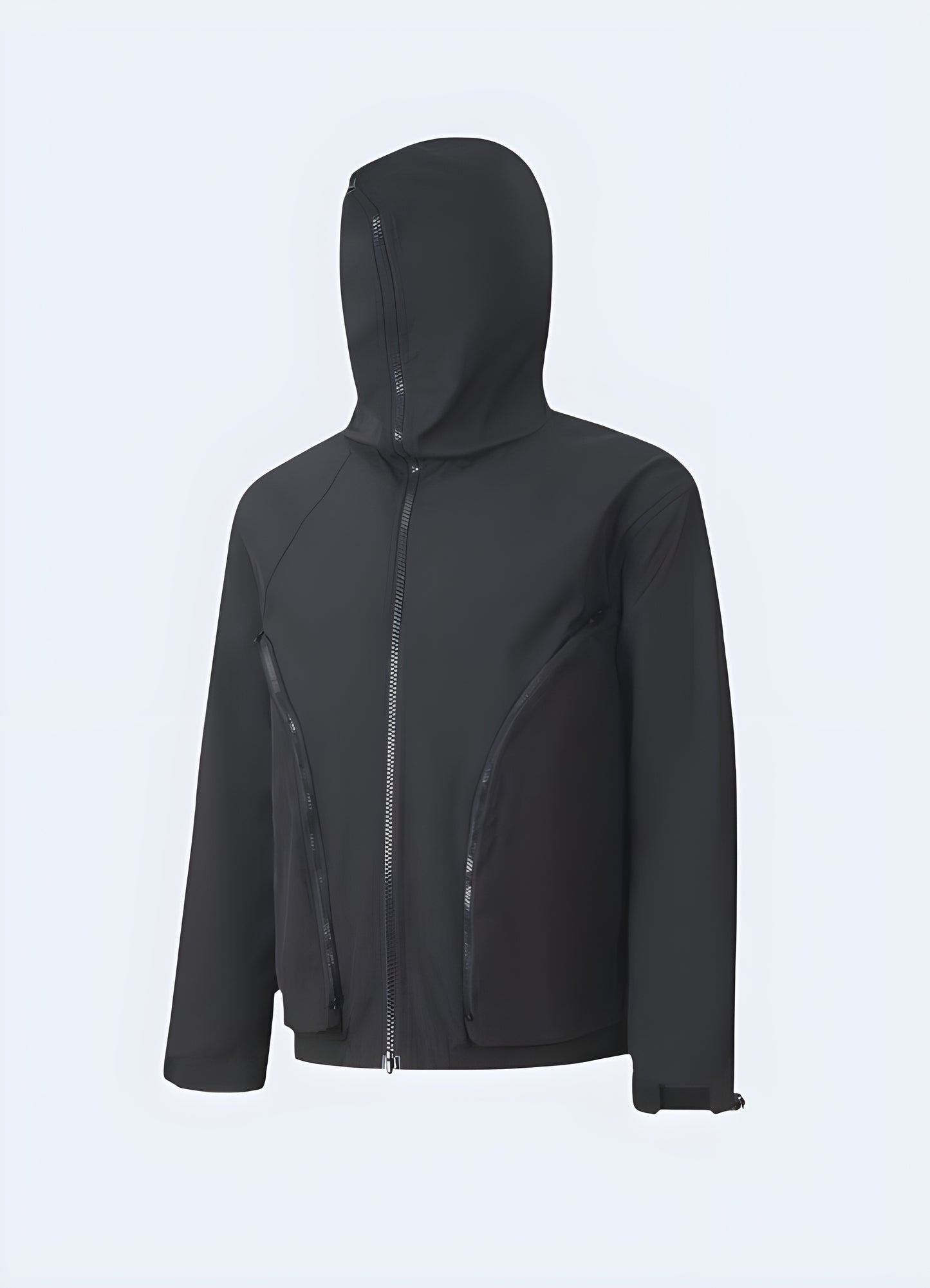 Urban ninja coat with a modern, asymmetrical front and side view, ideal for making a bold fashion statement in Canadian cities.