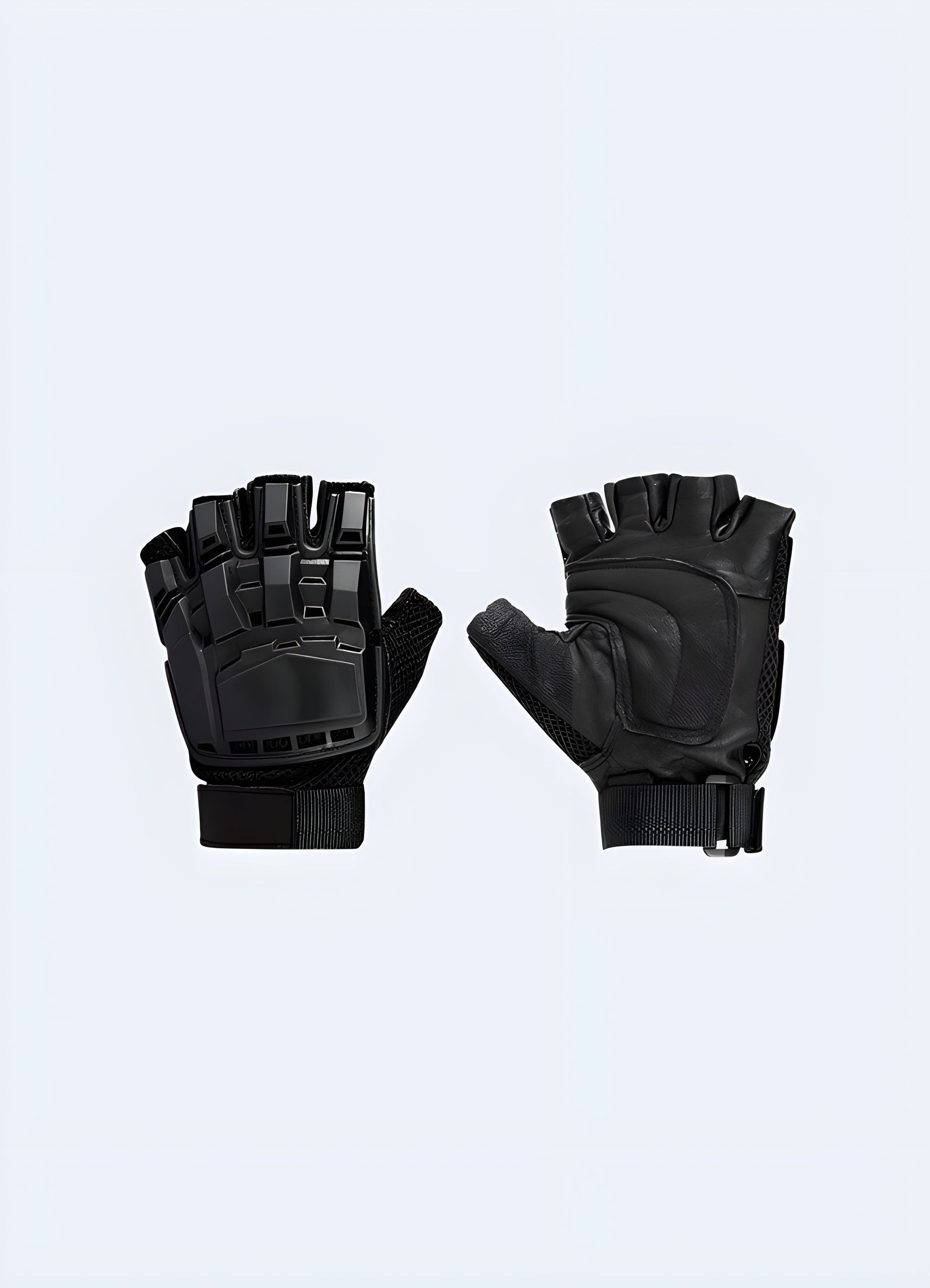 The front view shows durable black gloves with hard knuckle protectors, reinforced finger padding, and textured palm surfaces for better grip.