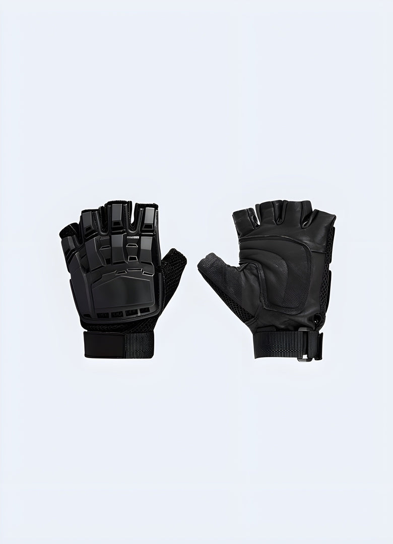 The front view shows durable black gloves with hard knuckle protectors, reinforced finger padding, and textured palm surfaces for better grip.